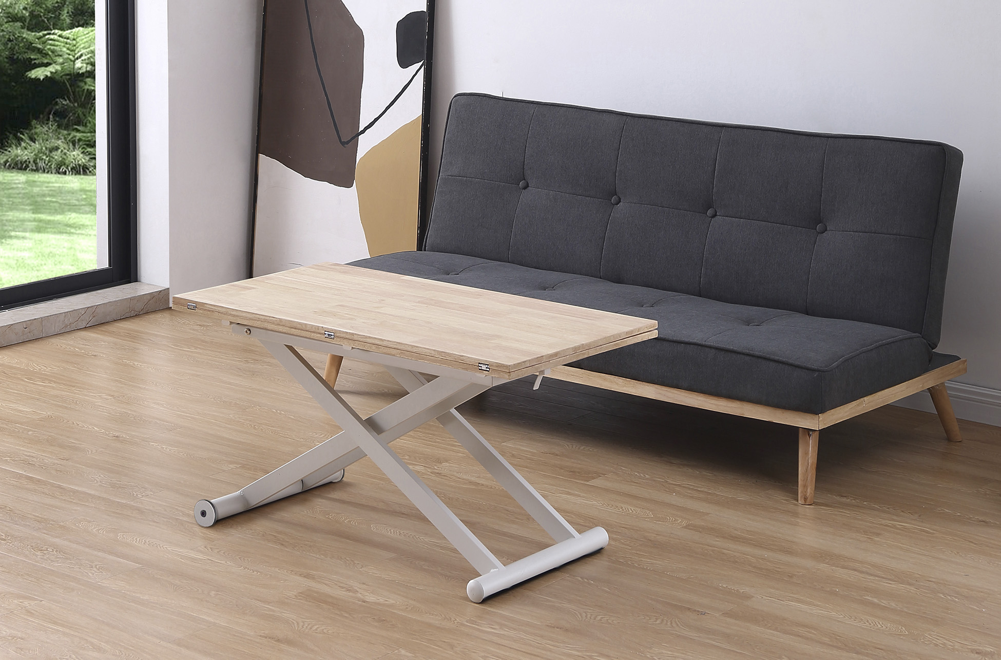 MESA CENTRO ELEVABLE Y EXTENSIBLE NATURAL 110 X 57 CM ROBLE NORDISH / BLANCO. - Imagen 4