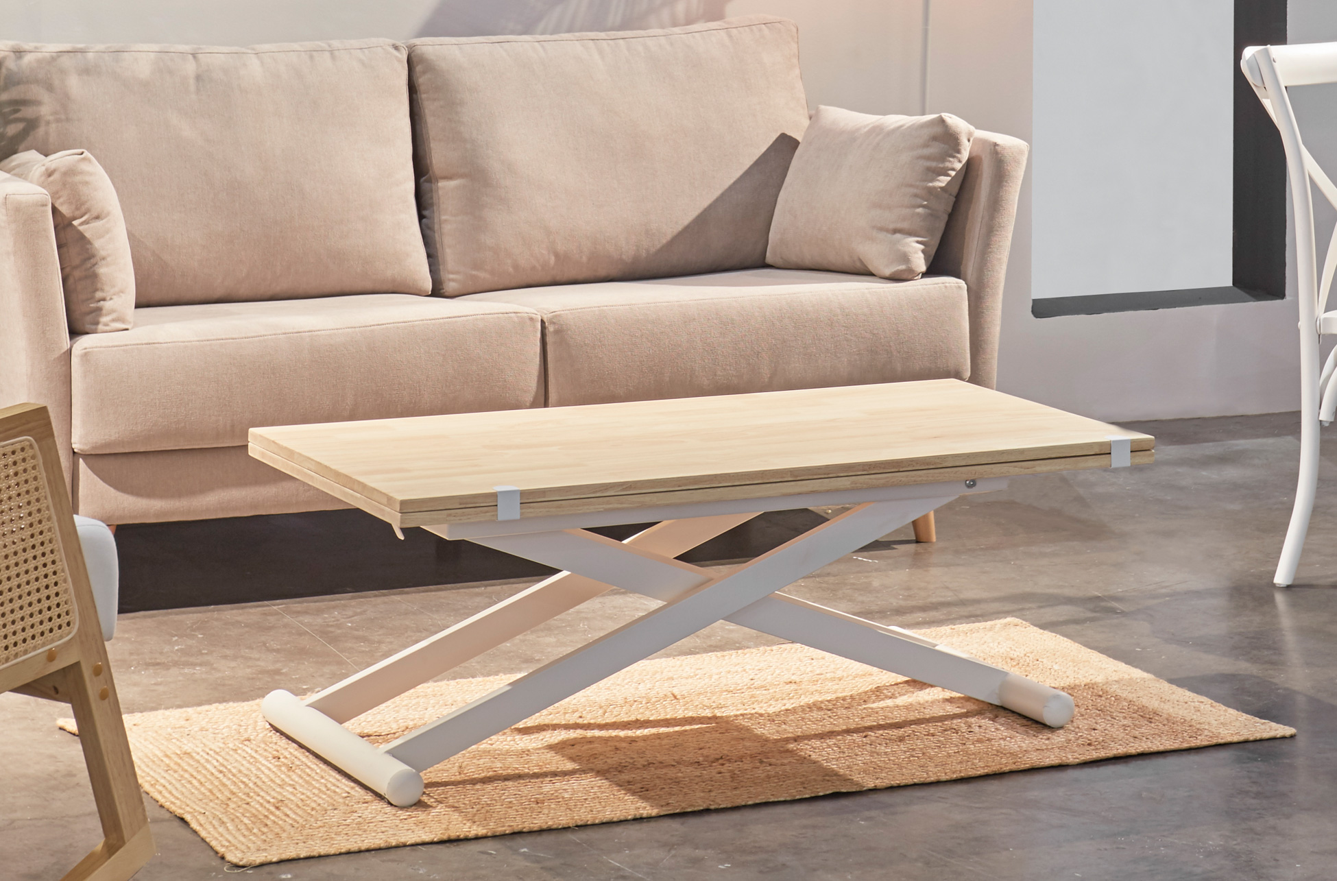 MESA CENTRO ELEVABLE Y EXTENSIBLE NATURAL 110 X 57 CM ROBLE NORDISH / BLANCO. - Imagen 7