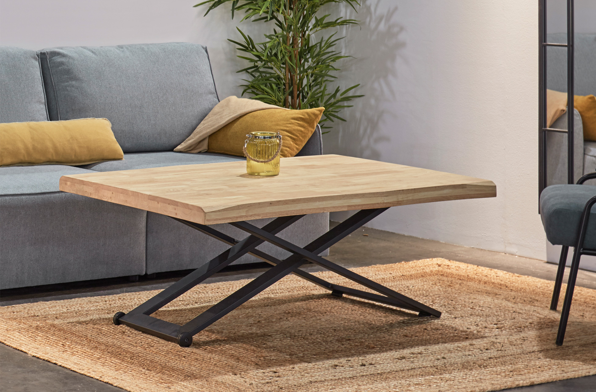 MESA CENTRO ELEVABLE ZOE 120 x 80 CM ROBLE NORDISH / NEGRO TAPA CON FORMA.