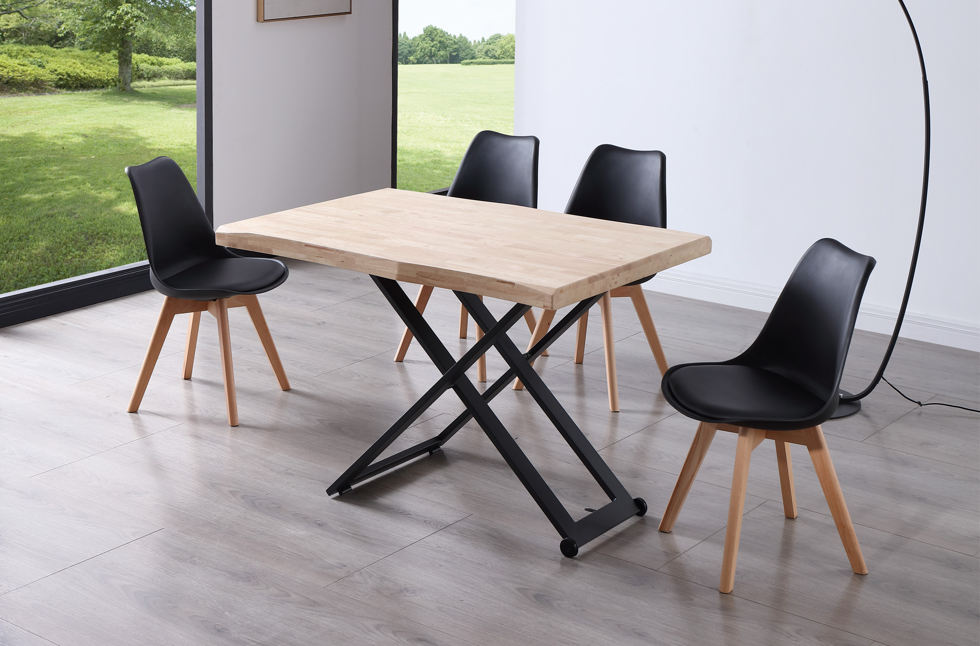 MESA CENTRO ELEVABLE ZOE 120 x 80 CM ROBLE NORDISH / NEGRO TAPA CON FORMA. - Imagen 4