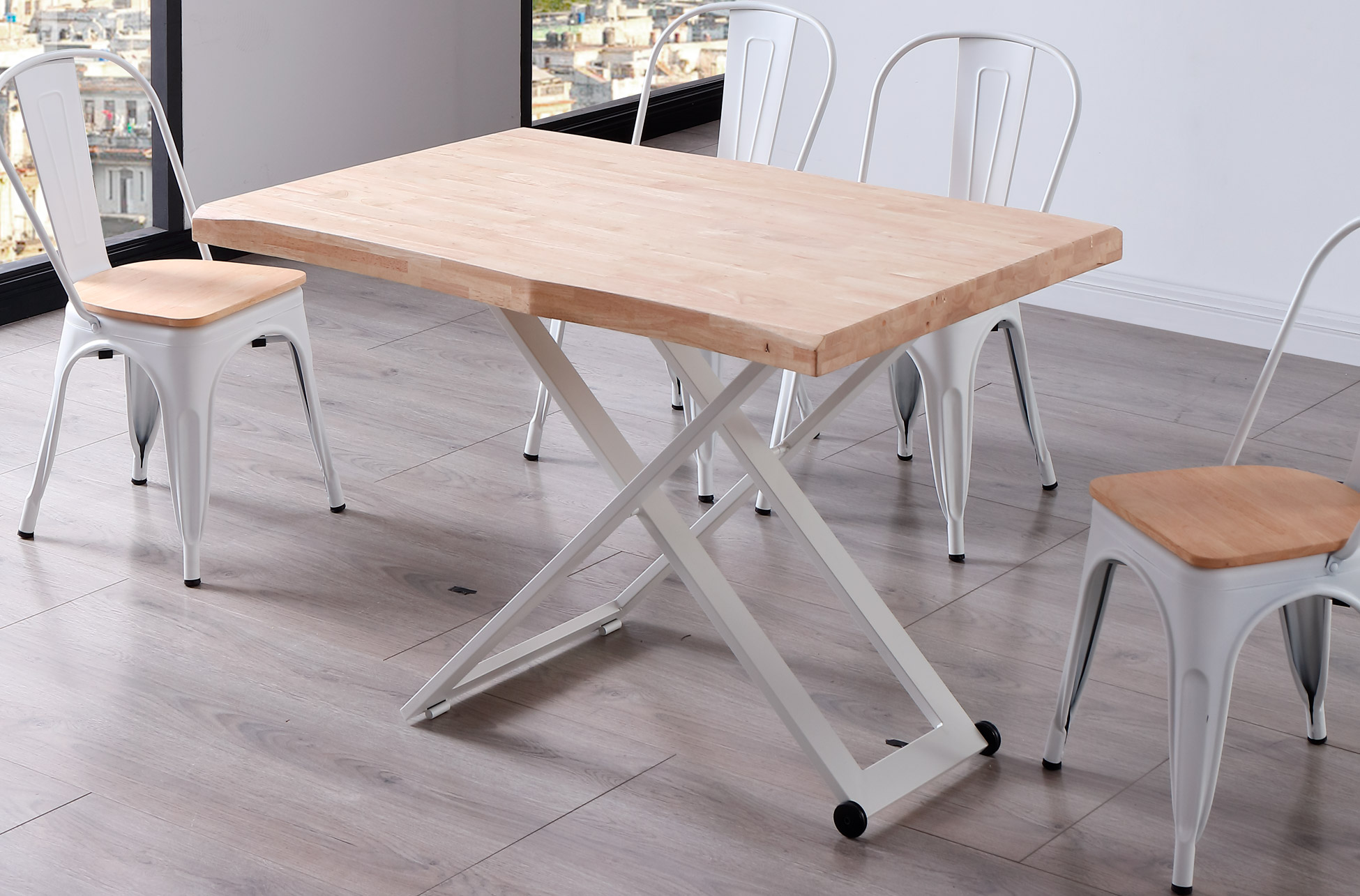 MESA CENTRO ELEVABLE ZOE 120 x 80 CM ROBLE NORDISH / BLANCO TAPA CON FORMA.