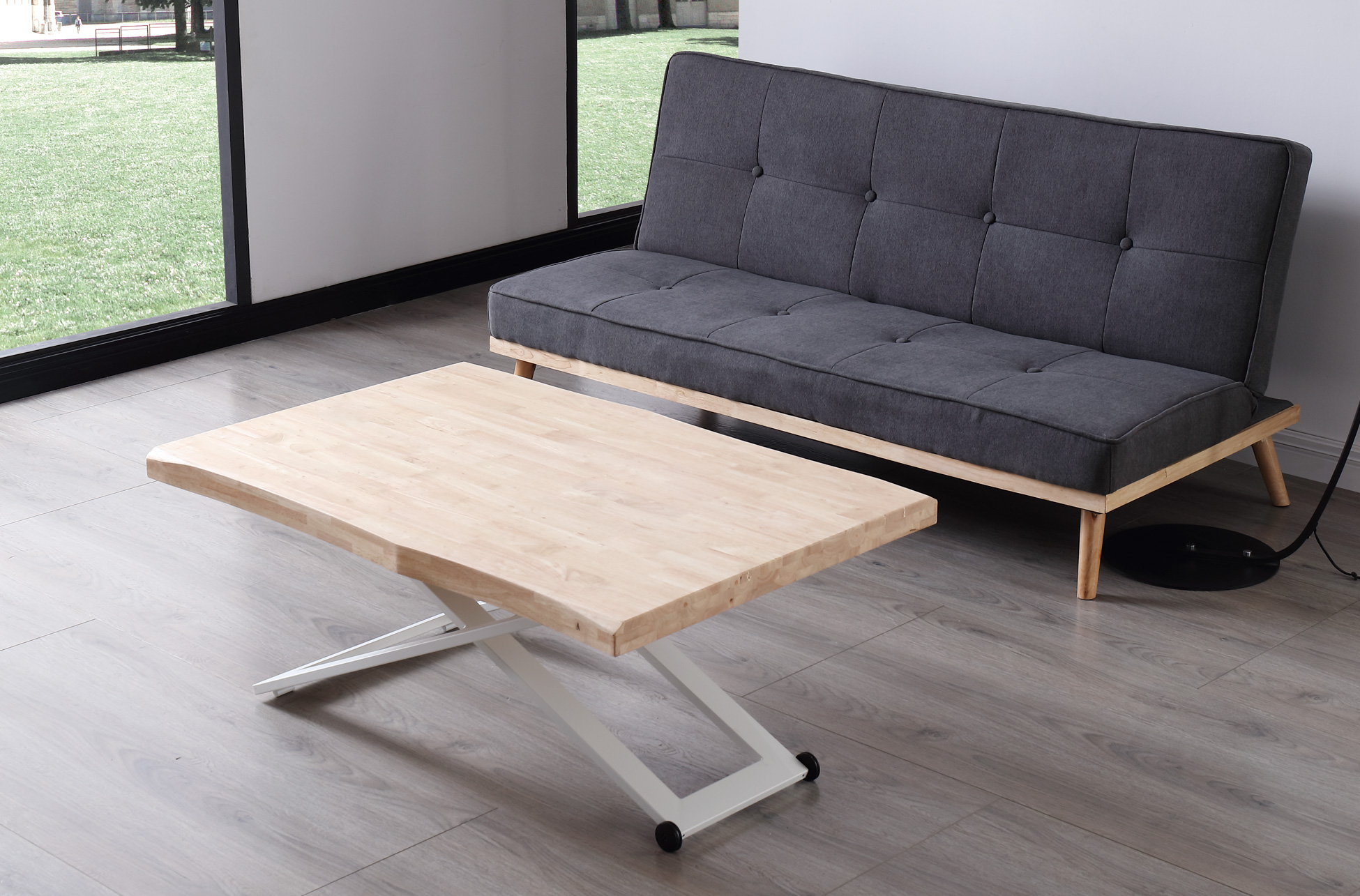 MESA CENTRO ELEVABLE ZOE 120 x 80 CM ROBLE NORDISH / BLANCO TAPA CON FORMA. - Imagen 3