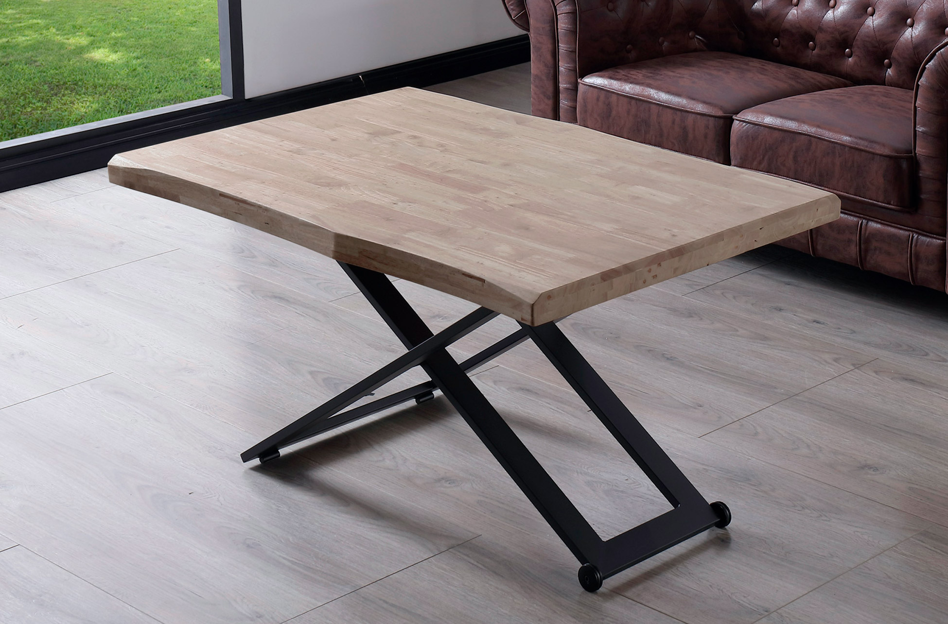 MESA CENTRO ELEVABLE ZOE 120 x 80 CM ROBLE HONEY / NEGRO TAPA CON FORMA.
