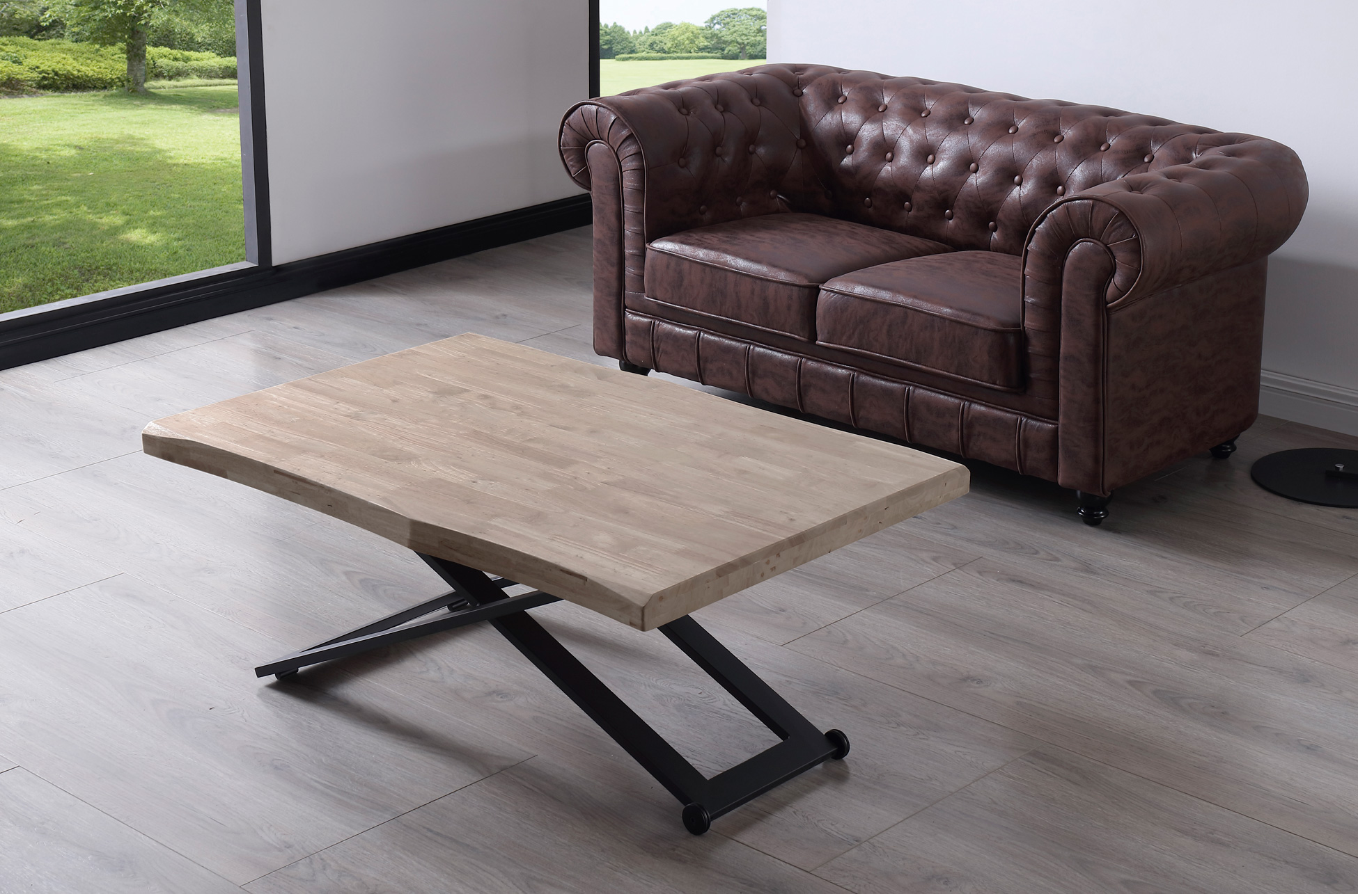 MESA CENTRO ELEVABLE ZOE 120 x 80 CM ROBLE HONEY / NEGRO TAPA CON FORMA. - Imagen 3