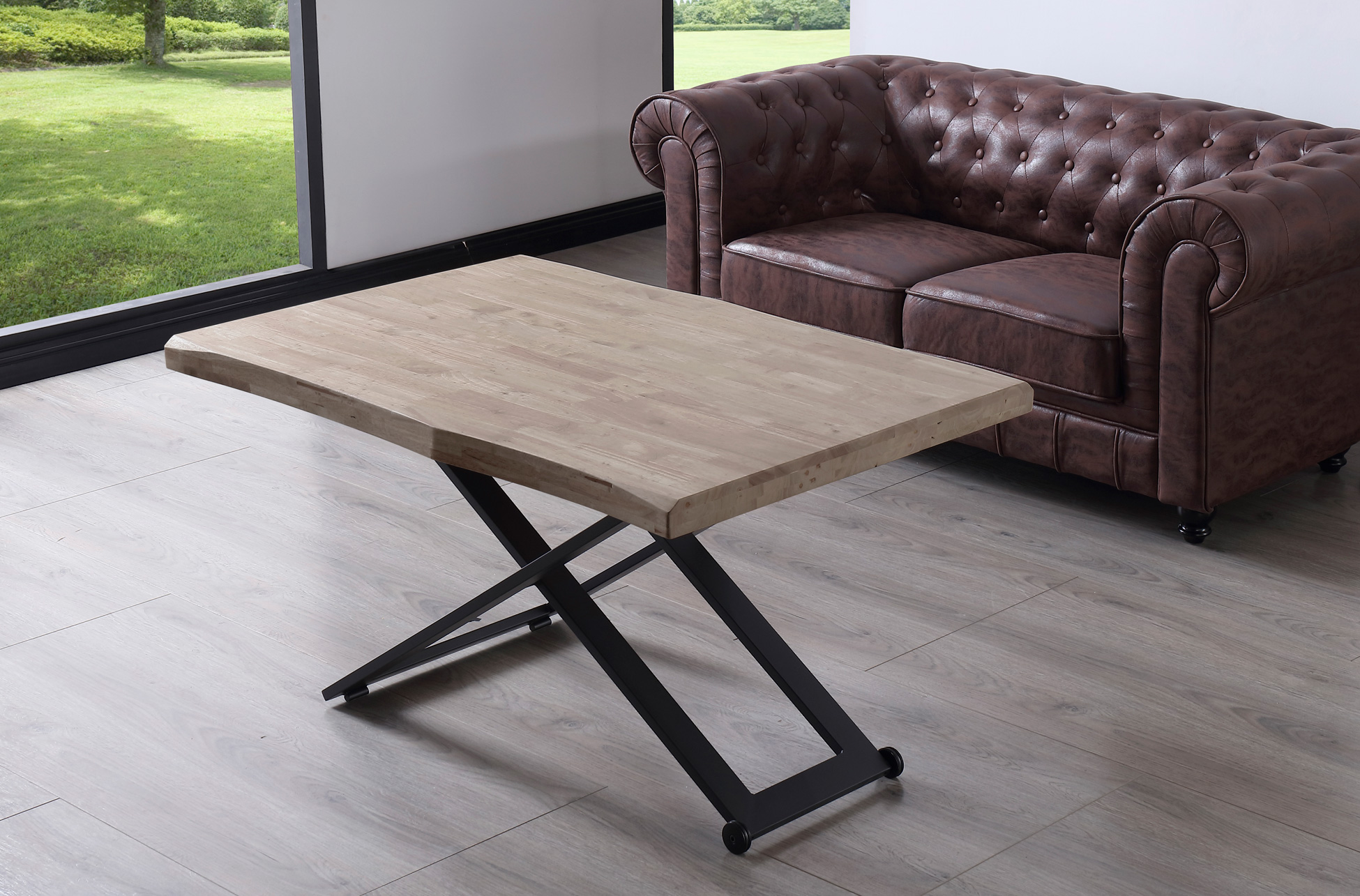 MESA CENTRO ELEVABLE ZOE 120 x 80 CM ROBLE HONEY / NEGRO TAPA CON FORMA. - Imagen 4