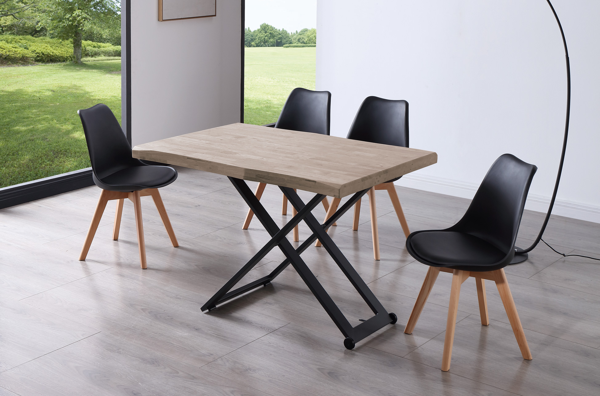 MESA CENTRO ELEVABLE ZOE 120 x 80 CM ROBLE HONEY / NEGRO TAPA CON FORMA. - Imagen 5