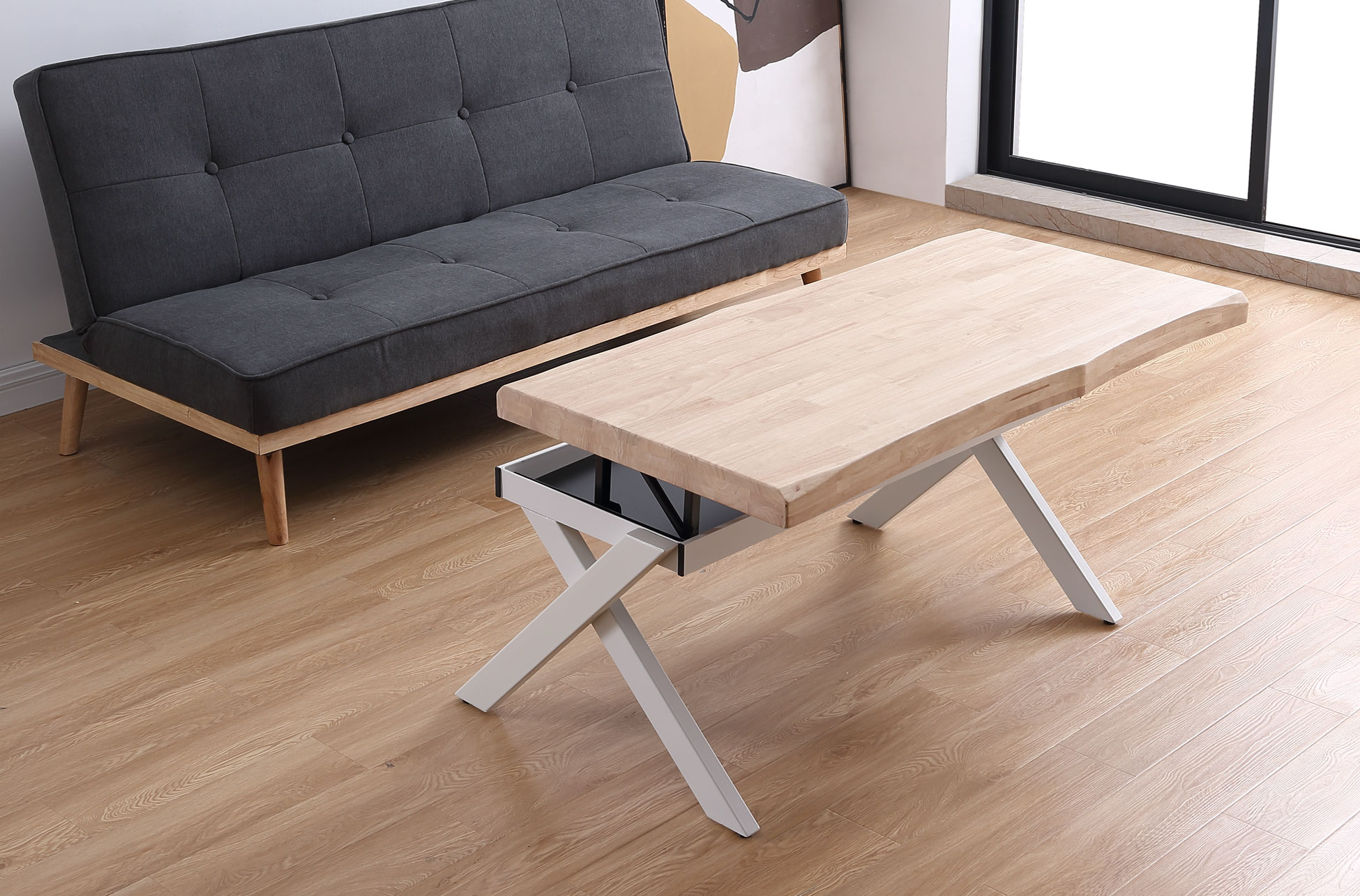 MESA CENTRO ELEVABLE XENA 120 X 66 CM TAPA CON FORMA ROBLE NORDISH / BLANCO. - Imagen 4