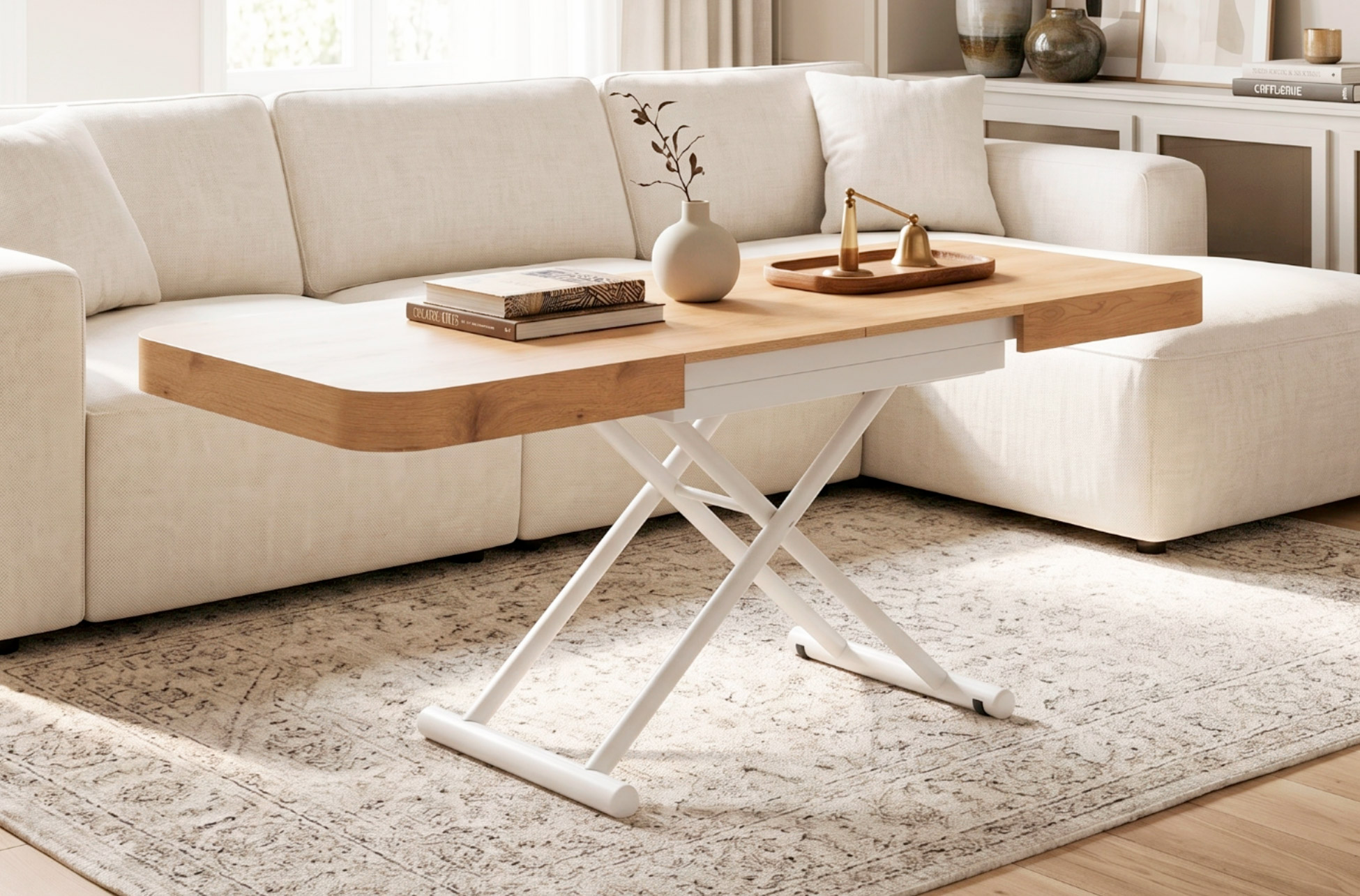 MESA CENTRO ELEVABLE Y EXTENSIBLE 120 - 160 - 200 CM CON ELEVACION ELECTRICA TURIN OAK / BLANCO