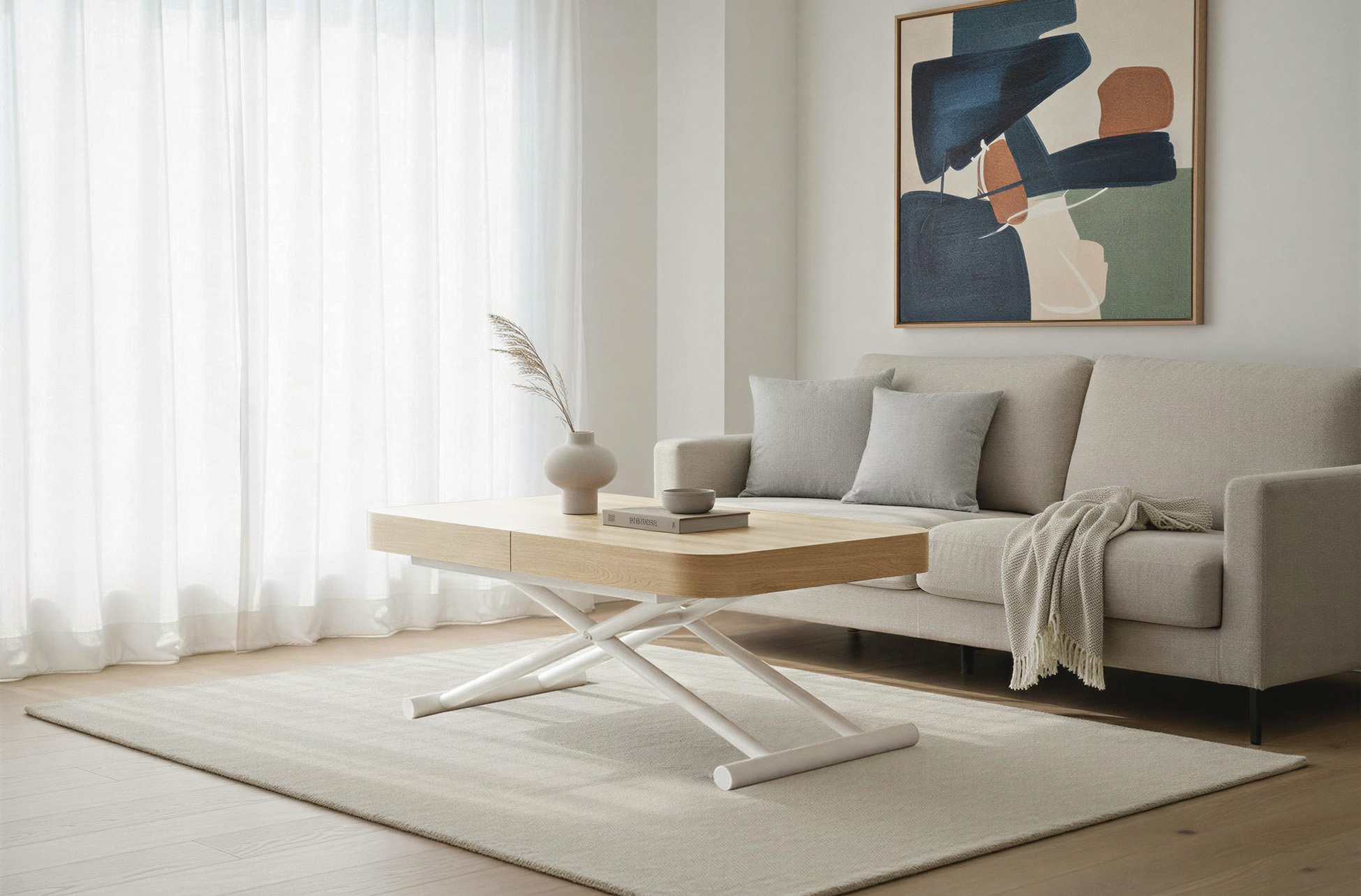 MESA CENTRO ELEVABLE Y EXTENSIBLE 120 - 160 - 200 CM CON ELEVACION ELECTRICA TURIN OAK / BLANCO - Imagen 7