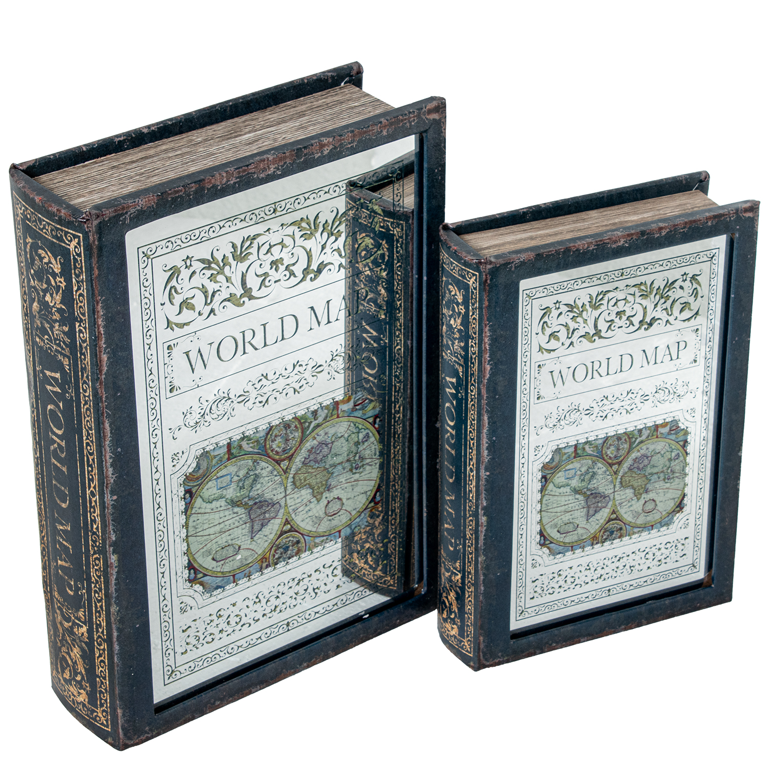 SET 2 CAJAS LIBRO MADERA DM C/ESPEJO, INTERIOR TERCIOPELO