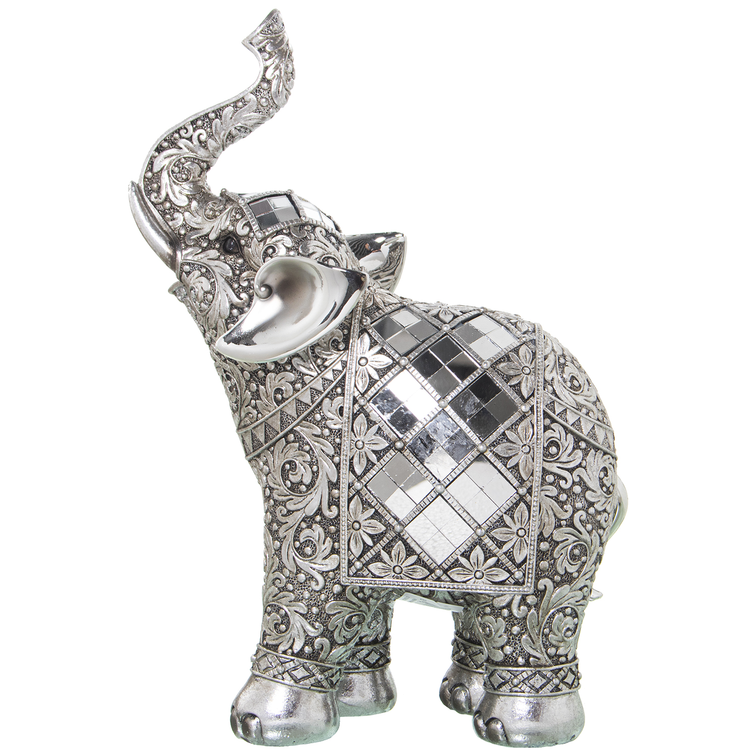 FIGURA RESINA ELEFANTE PLATEADO C/ESPEJOS
