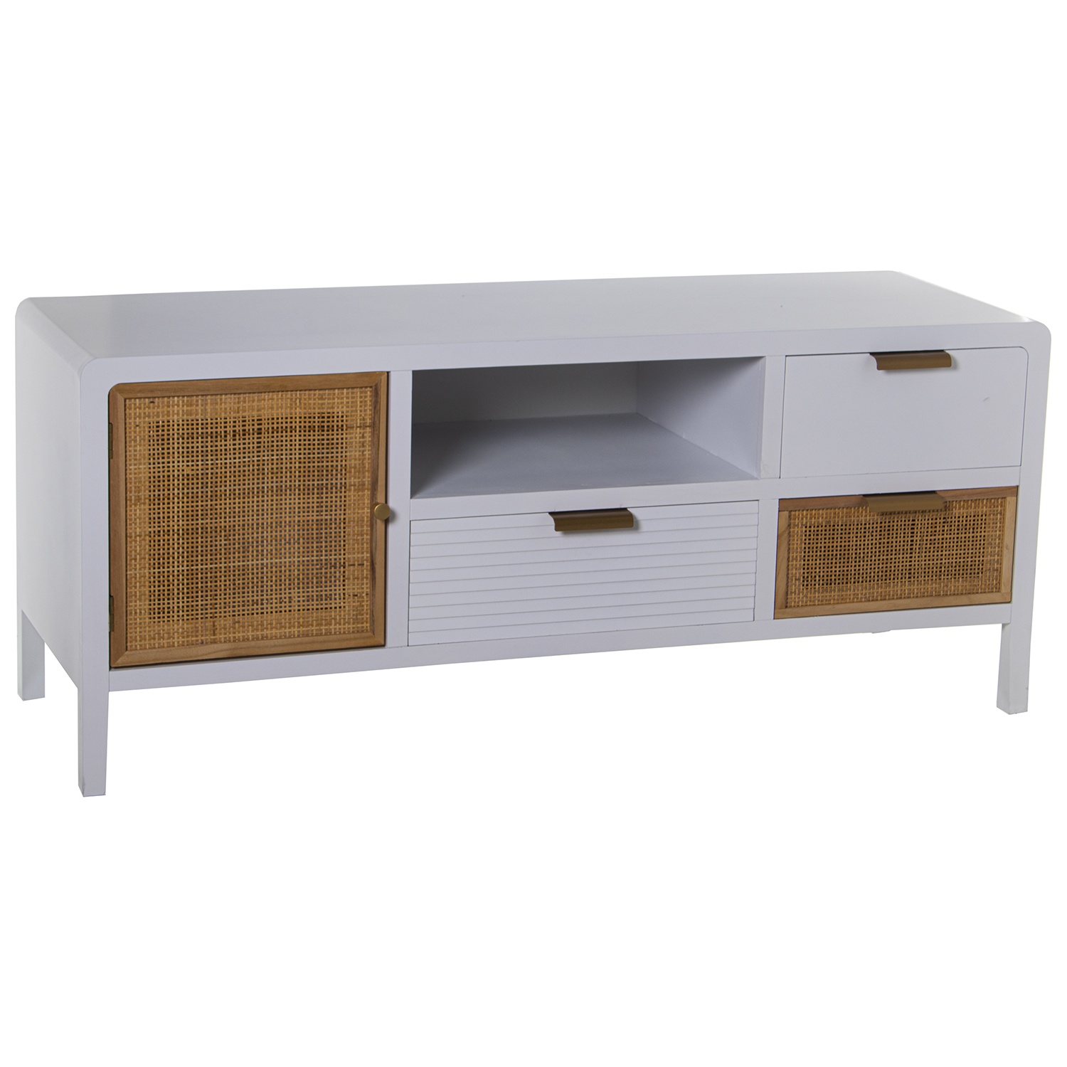MUEBLE TV MADERA 2 CAJONES+PUES+PUERTA BLANCO/RATÁN
