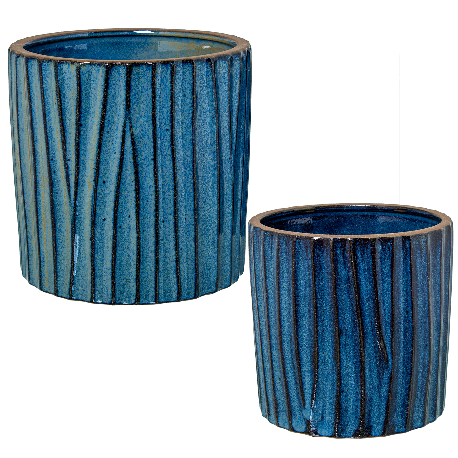 SET 2 MACETEROS CERÁMICA AZULO LACADO DECO. LÓBULOS