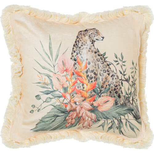 COJÍN 45X45CM BEIGE LEOPARDO 1O FLOR ROJA 100% POLIÉSTER