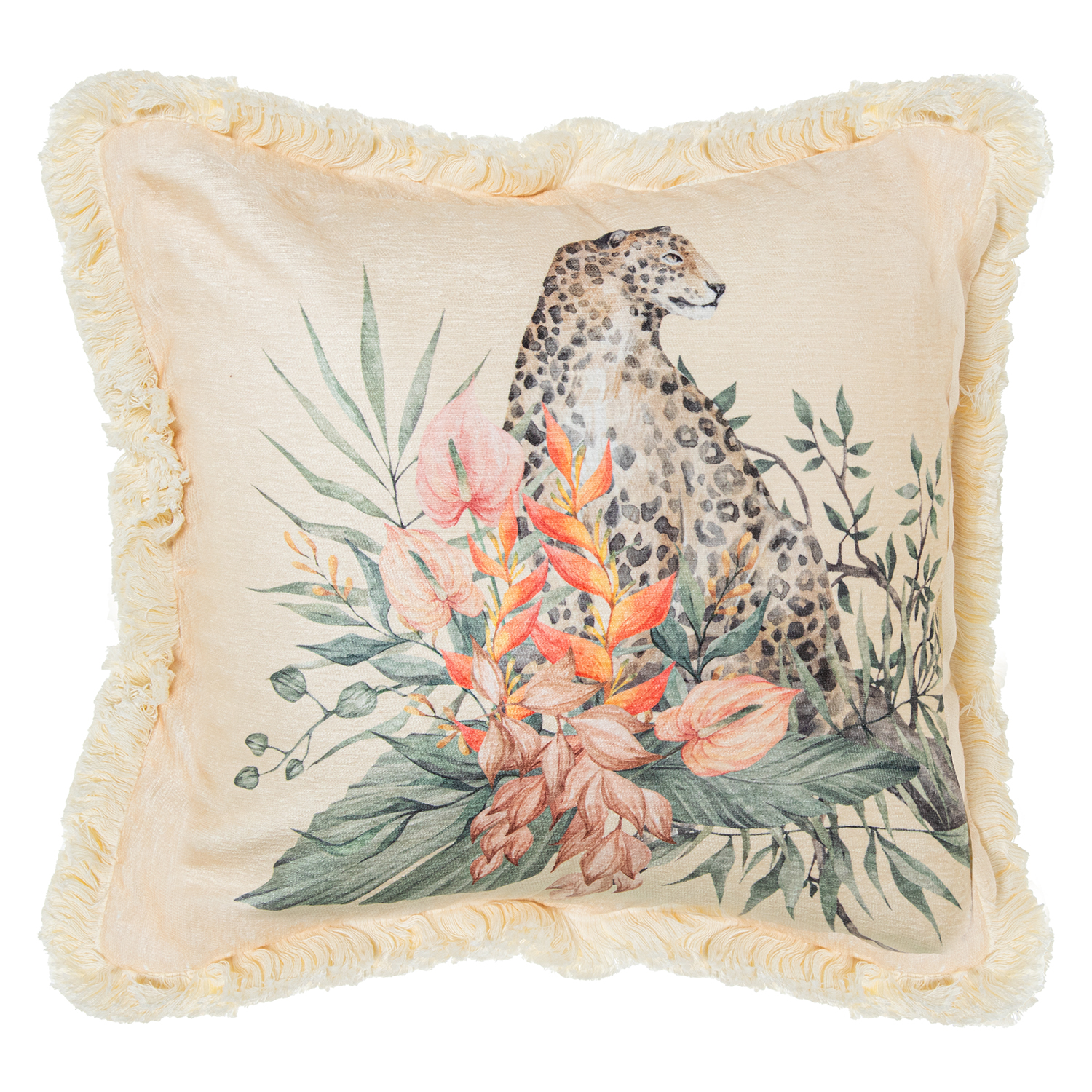 COJÍN 45X45CM BEIGE LEOPARDO 1O FLOR ROJA 100% POLIÉSTER