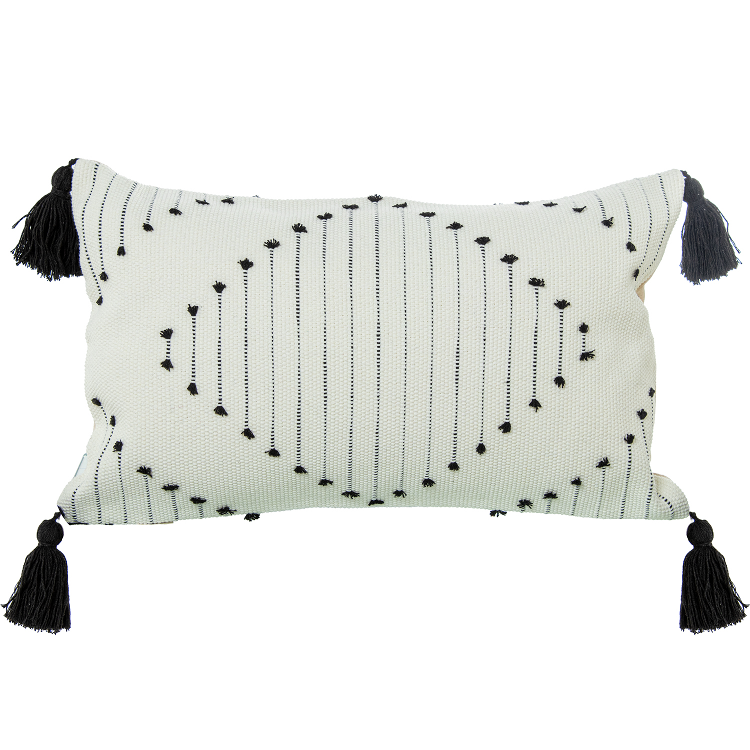 COJÍN 50X30CM BLANCO/NEGRO 100% ALGODÓN C/BORLAS