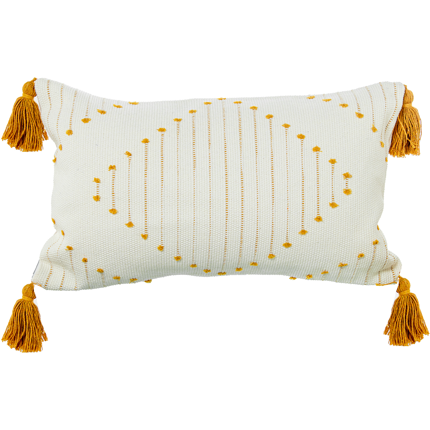COJÍN 50X30CM CREMA/AMARILLO 100% ALDOGÓN C/BORLAS