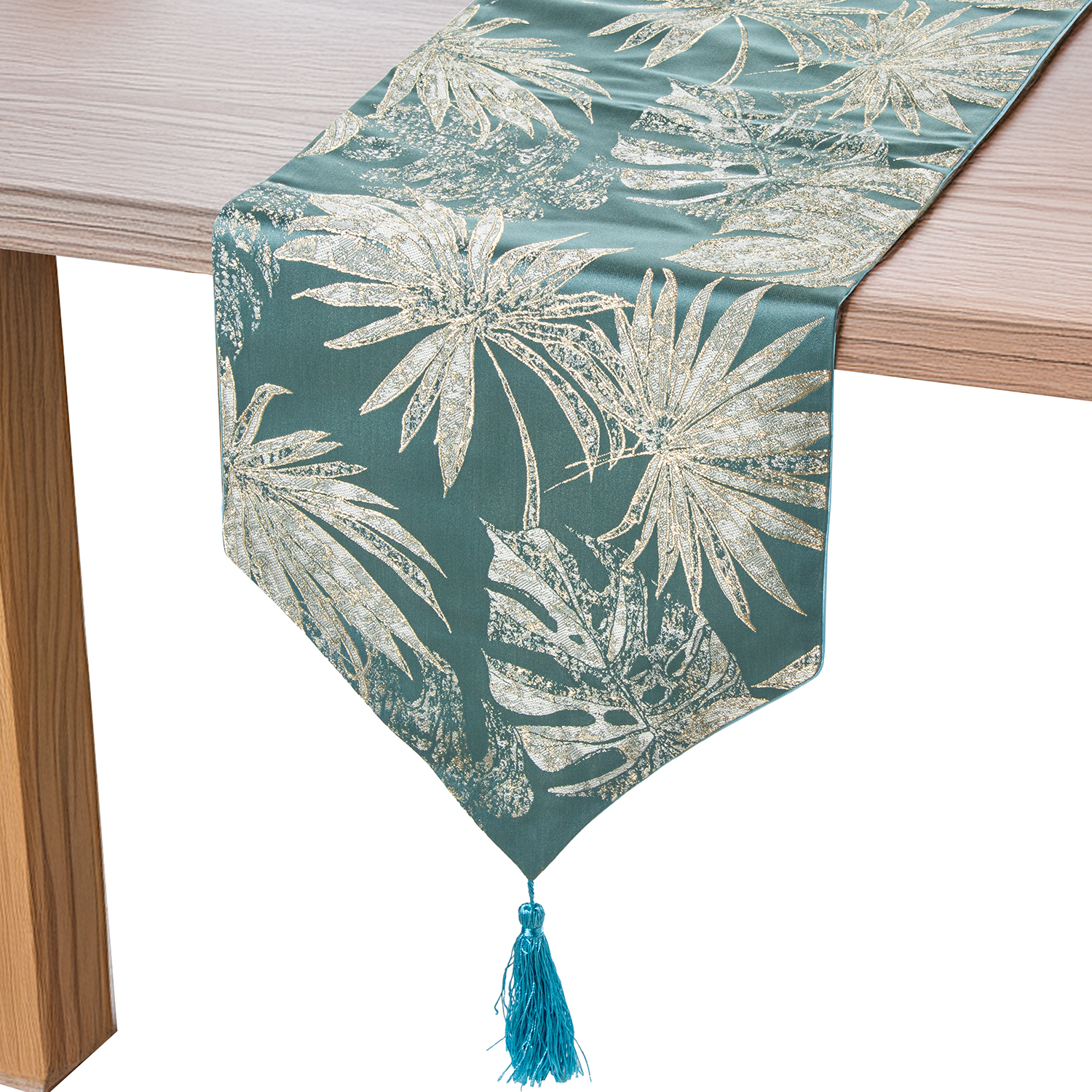 CAMINO DE MESA 30X180CM AZUL 1TER DECO. HOJAS