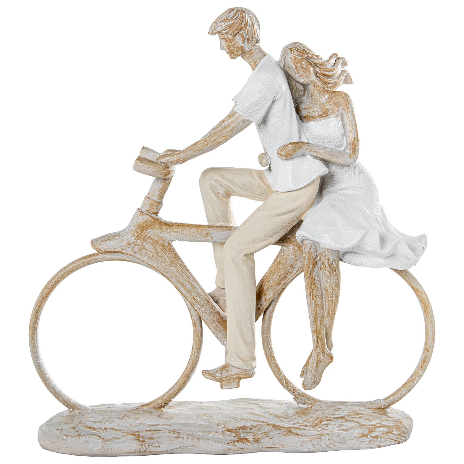 FIGURA RESINA PAREJA BICICLETA BEIGE ARENA/DORADO