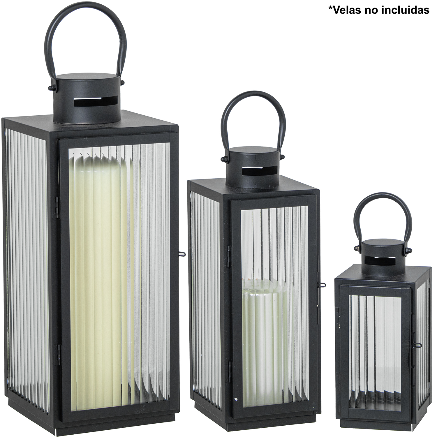 SET 3 FAROLES PORTAVELAS METAL CROMADO DORADO