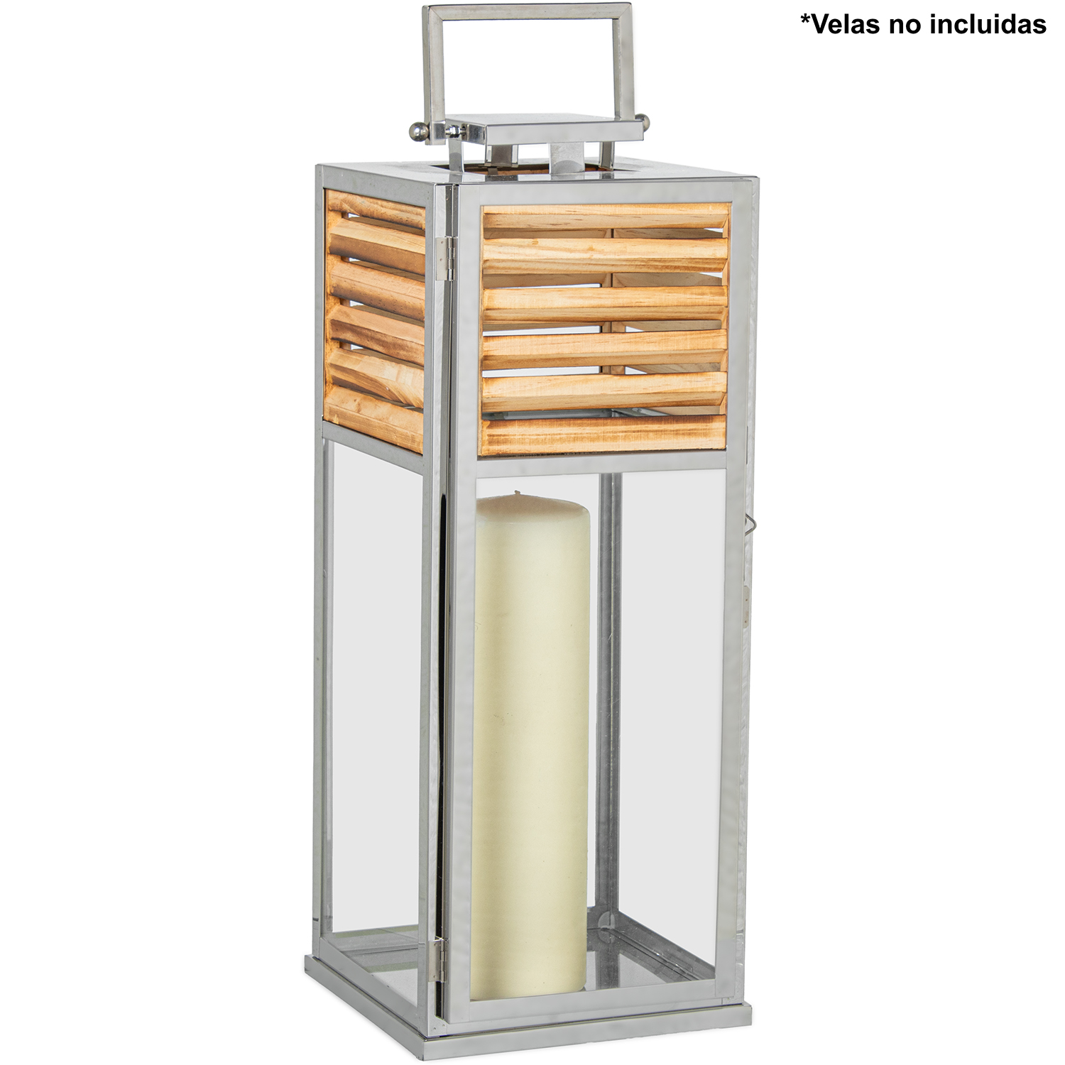 FAROL PORTAVELAS 54CM METAL CROMADO/MADERA