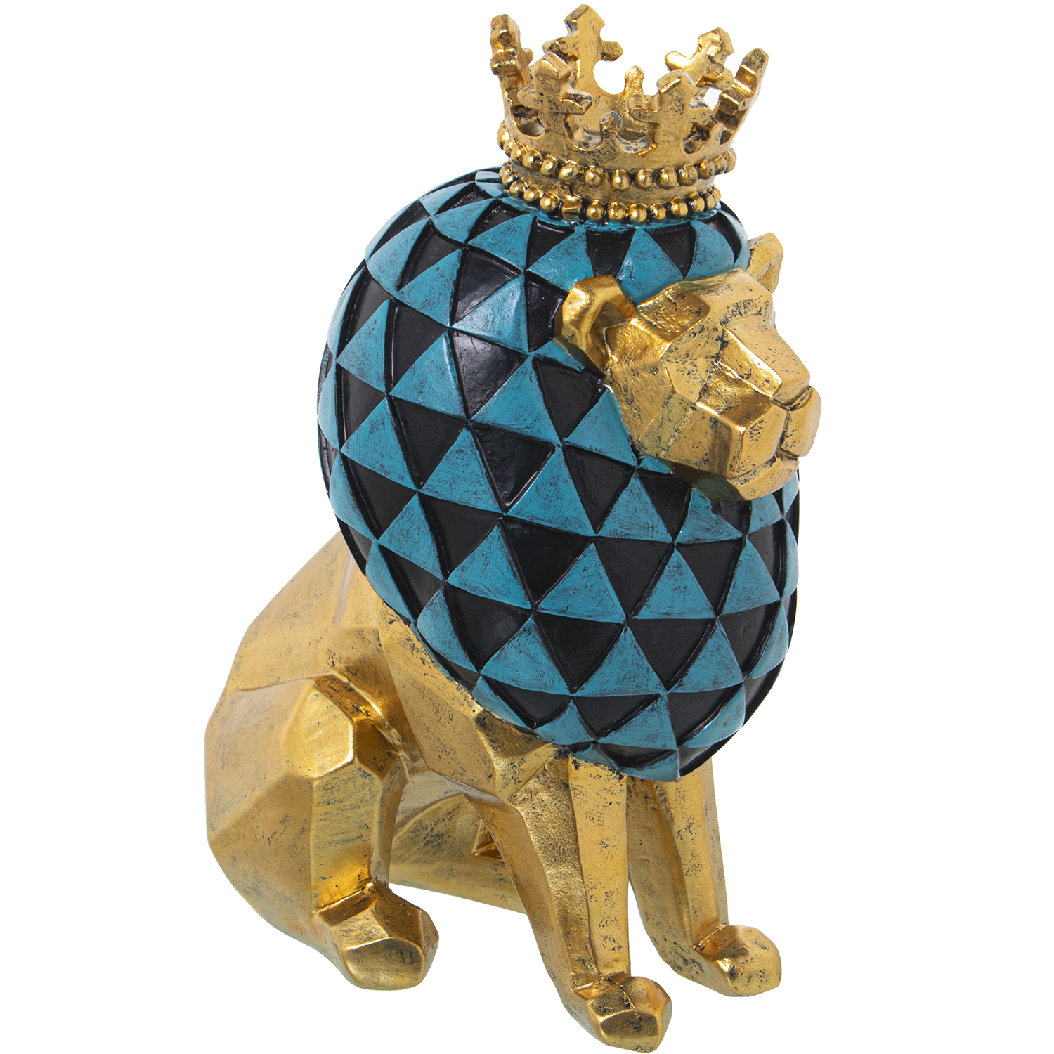 FIGURA RESINA LEÓN DORADO/AZULORADO C/BANDEJA METAL