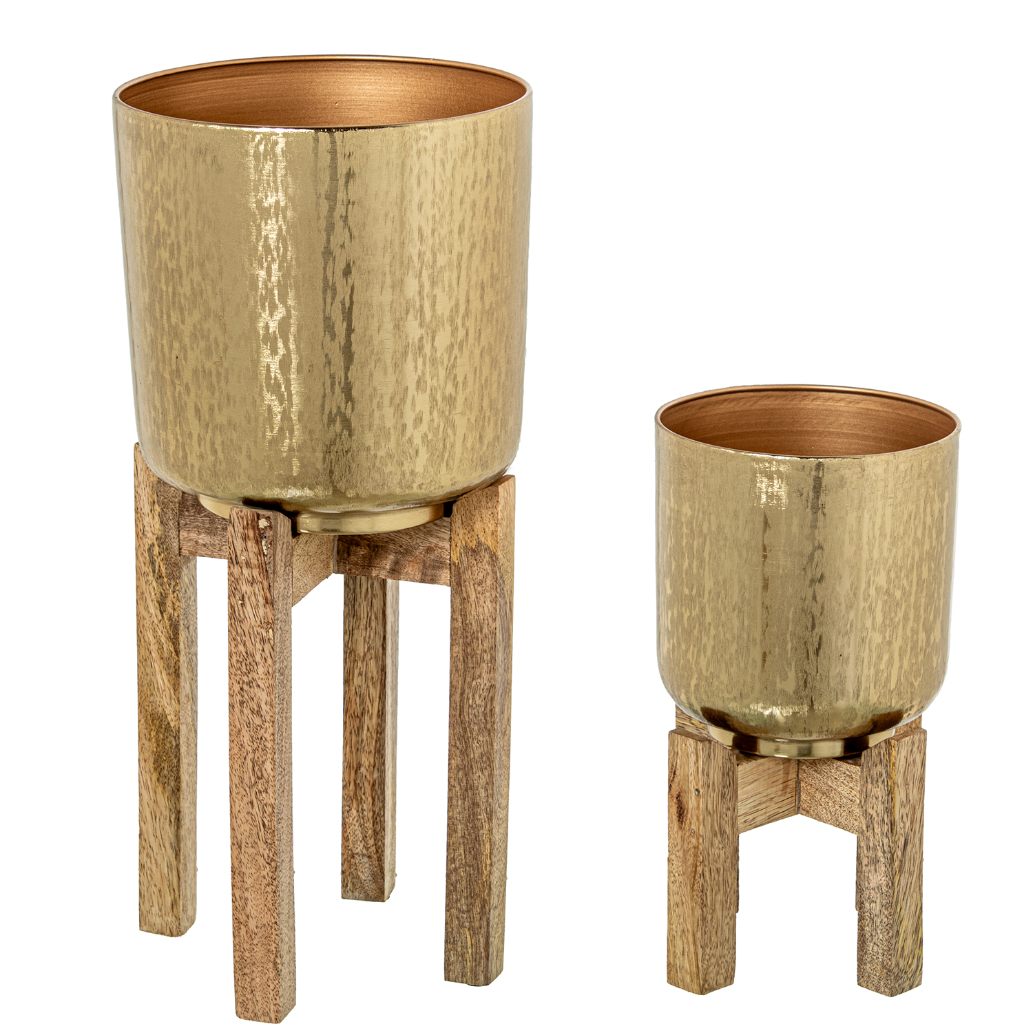 SET 2 MACETEROS METAL DORADO PATAS MADERA