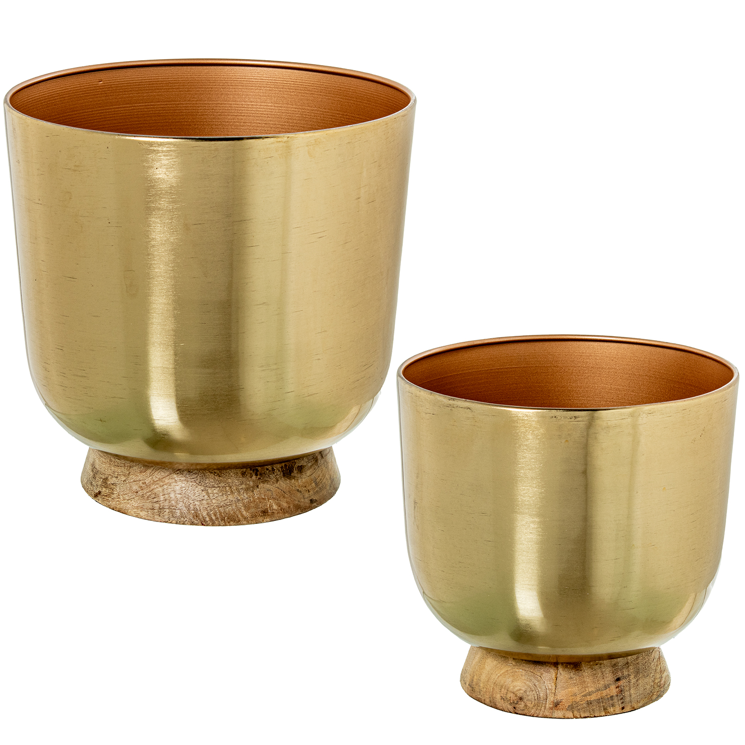 SET 2 MACETEROS METAL DORADO BASE MADERA