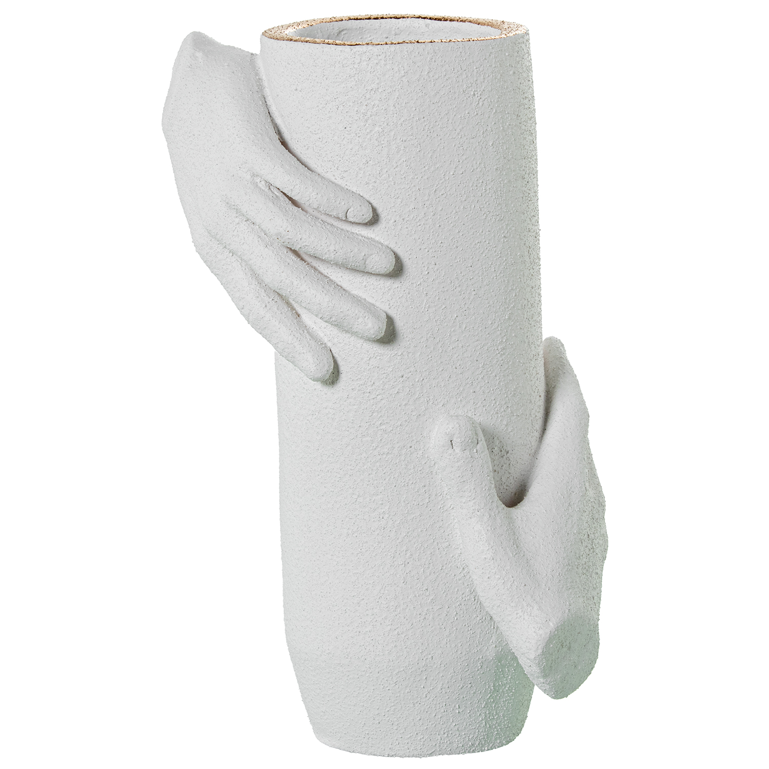JARRÓN CILINDRO C/MANOS 33CM CICA BLANCO ARENA/DORADO