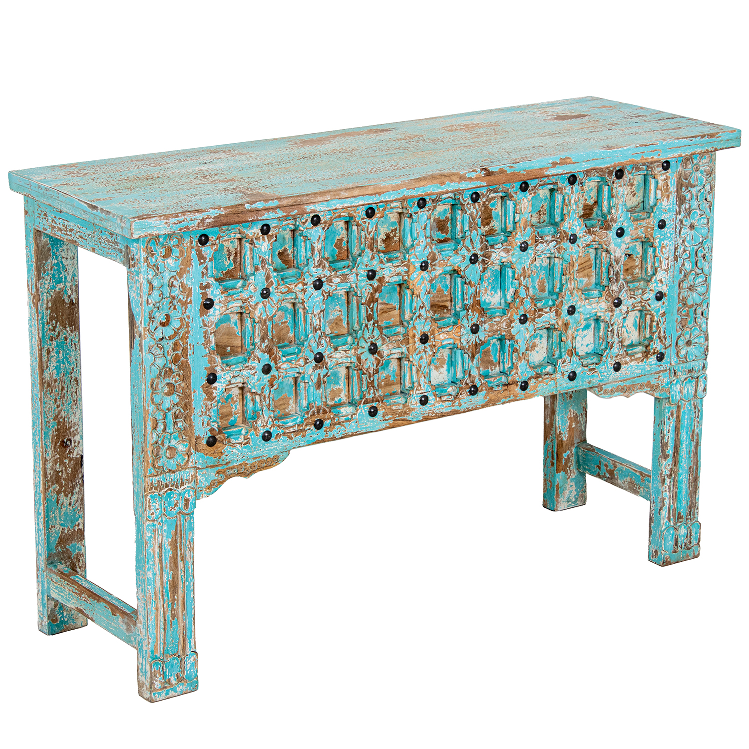 MESA ENTRADA MANGO CELESTE C/RDE METAL+ BASE MADERA