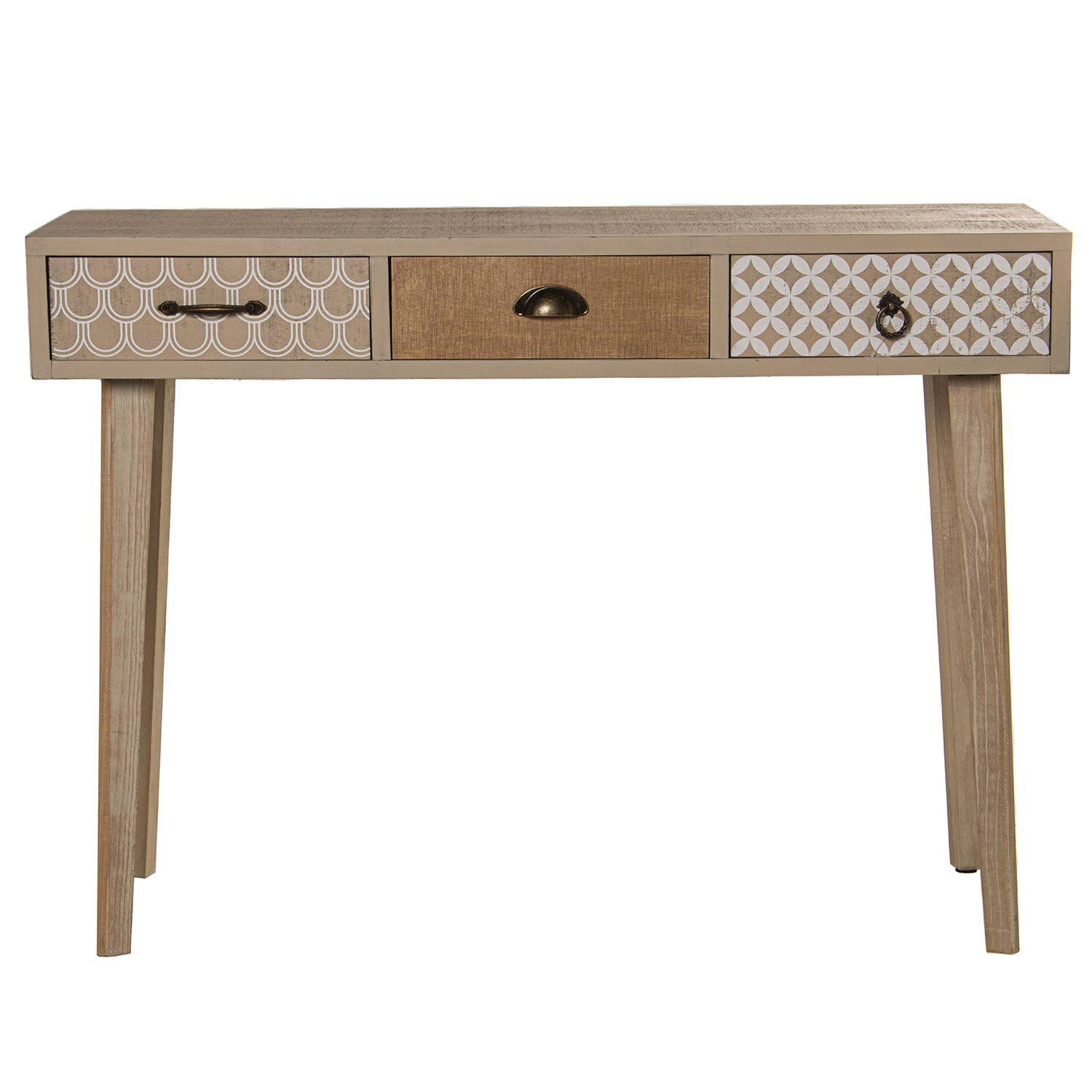 MESA ENTRADA MADERA C/3 CAJONENES RATÁN, ESPEJO:ø45CM