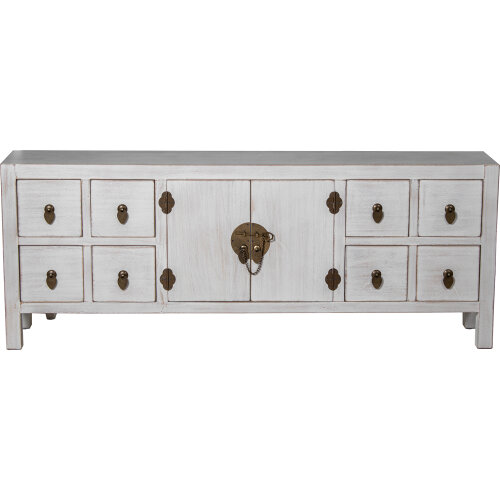 MESA TV C/8 CAJONES Y 2 PUERTAUERTAS MADERA BLANCA DECAPÉ
