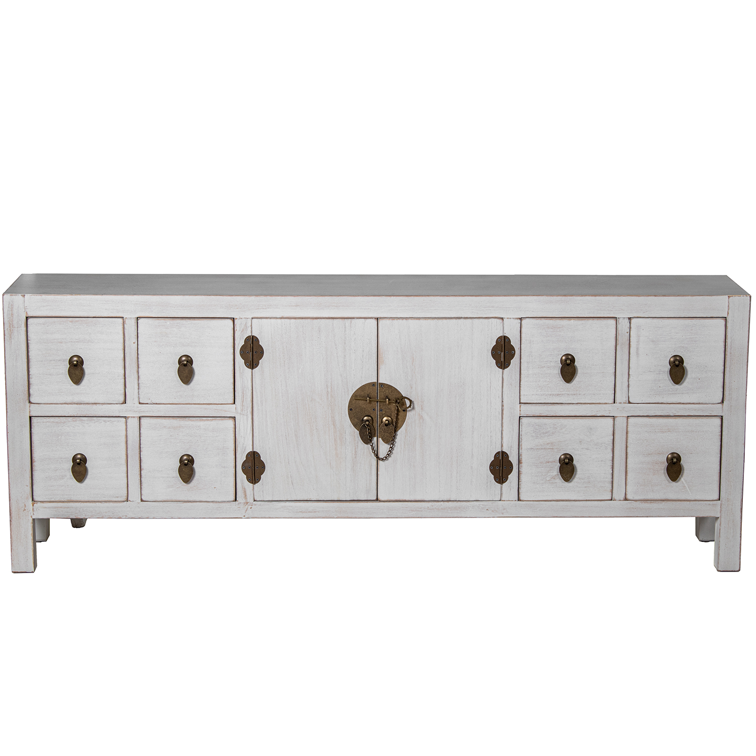 MESA TV C/8 CAJONES Y 2 PUERTAUERTAS MADERA BLANCA DECAPÉ