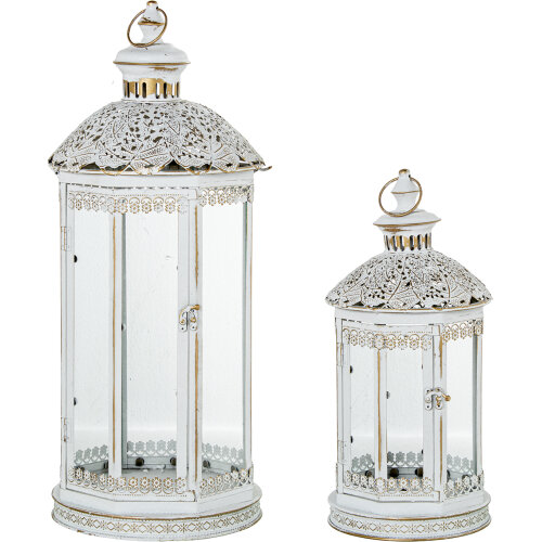 SET 2 FAROLES METAL BLANCO/ORO