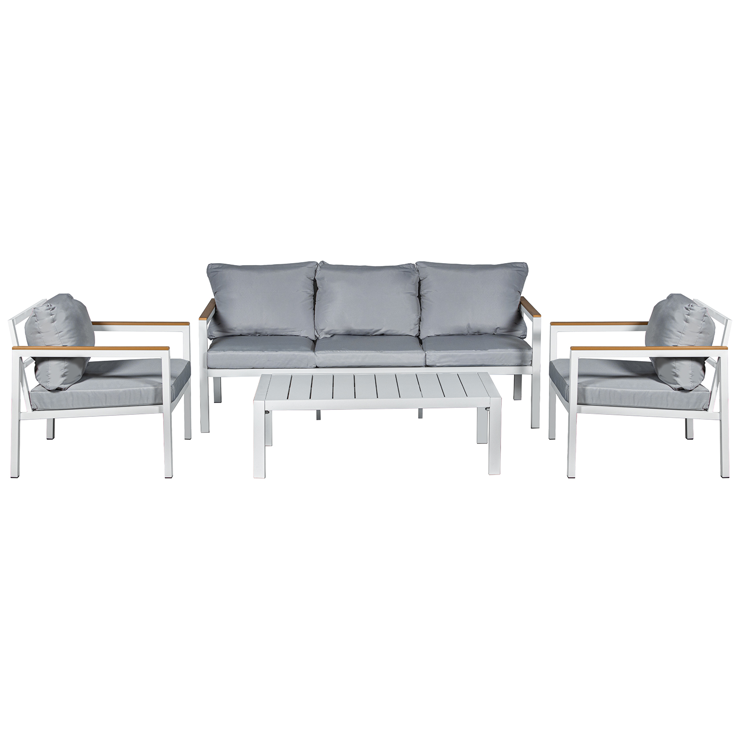 SET SOFÁ 3P+2 SILLONES+MESA ALUMINIO ANTRACITA COJINES BEIGE