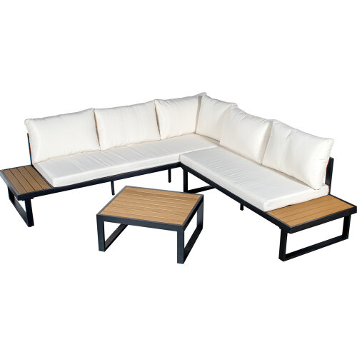 SET SOFÁ ESQUINA+MESA ALUMINIOUMINIO BLANCO COJINES GRIS