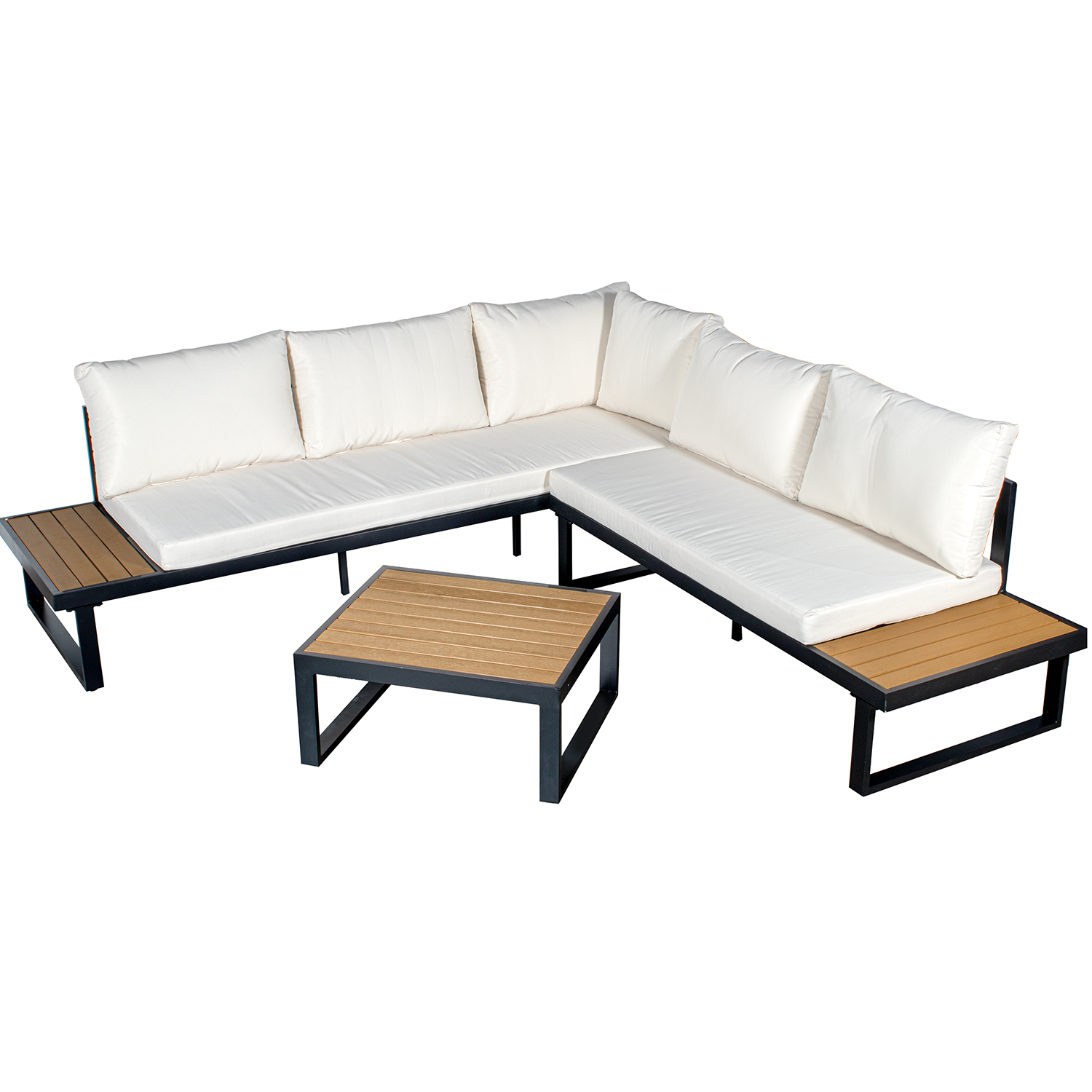 SET SOFÁ ESQUINA+MESA ALUMINIOUMINIO BLANCO COJINES GRIS