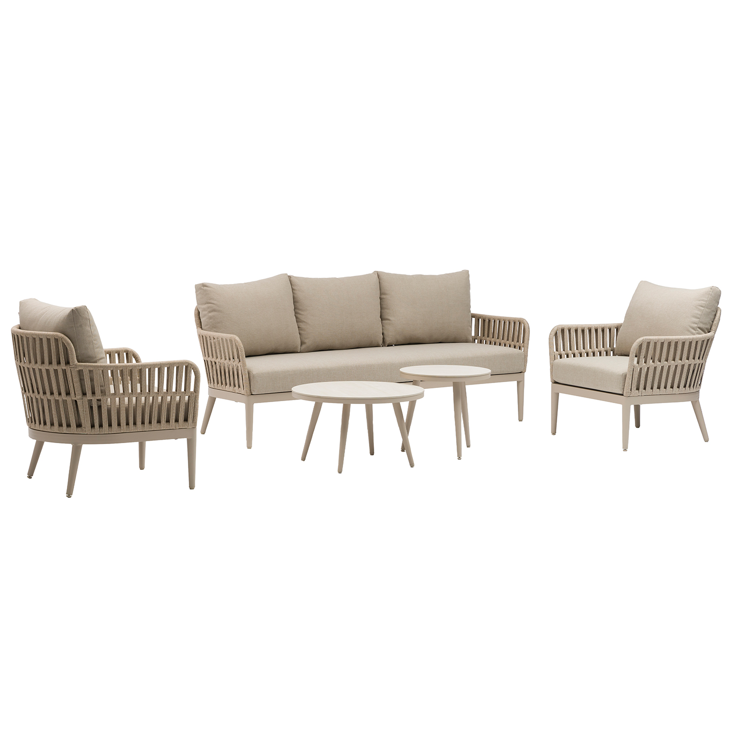 SET SOFÁ 3P+2 SILLONES+2 MESASLENO CREMA APILABLE