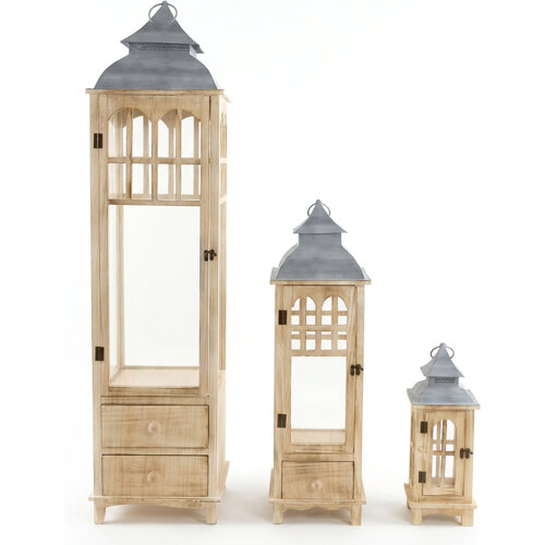 SET 3 FAROLES MADERA NATURAL PRTE SUPERIOR METAL