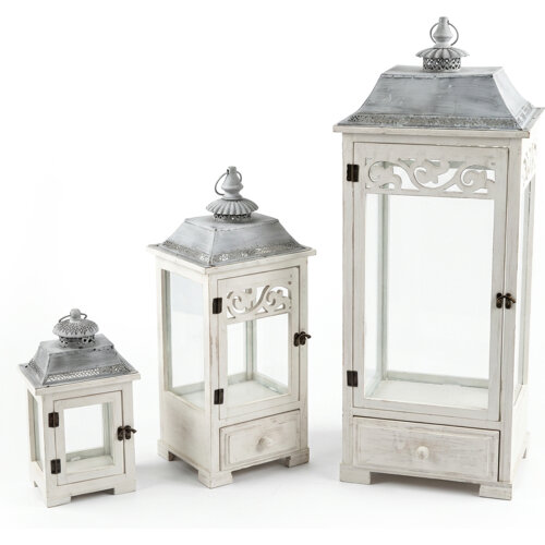 SET 3 FAROLES MADERA BLANCA PARTE SUPERIOR METAL