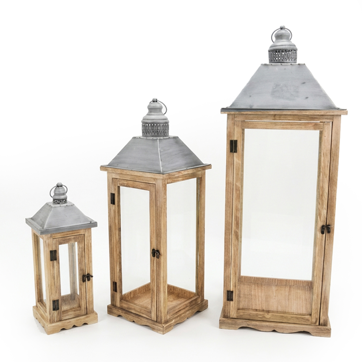 SET 3 FAROLES MADERA NATURAL PRTE SUPERIOR METAL