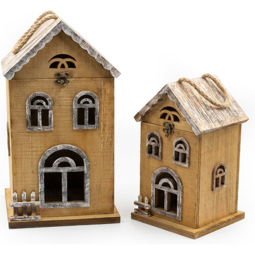 SET 2 FAROLES MADERA C/LUZ CASAS BLANCAS, TIRA LEDS