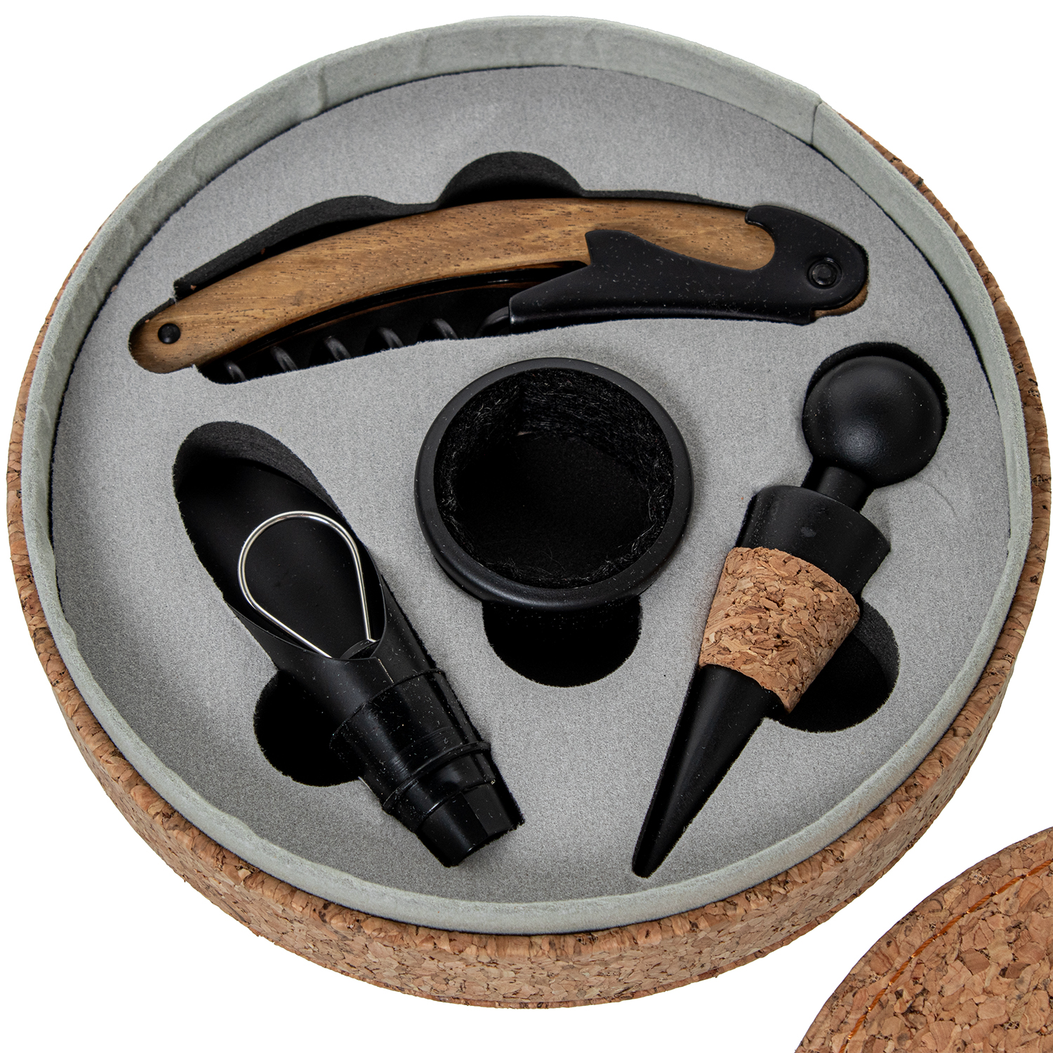 SET 4 UTENSILIOS VINO EN CAJAMADERA NEGRA