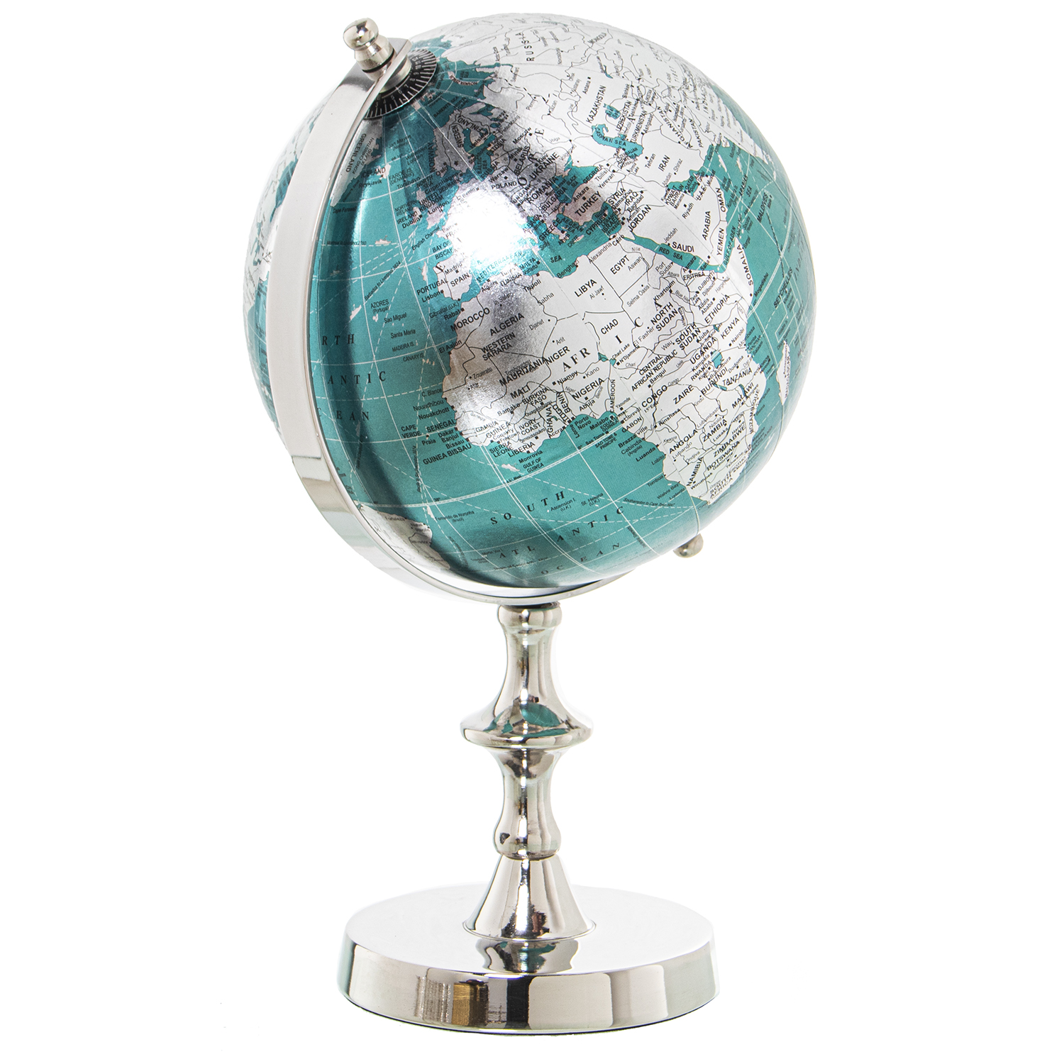 GLOBO TERRÁQUEO ALUMINIO ACABADO NIQUEL, GLOBO ø20CM, NEGRO