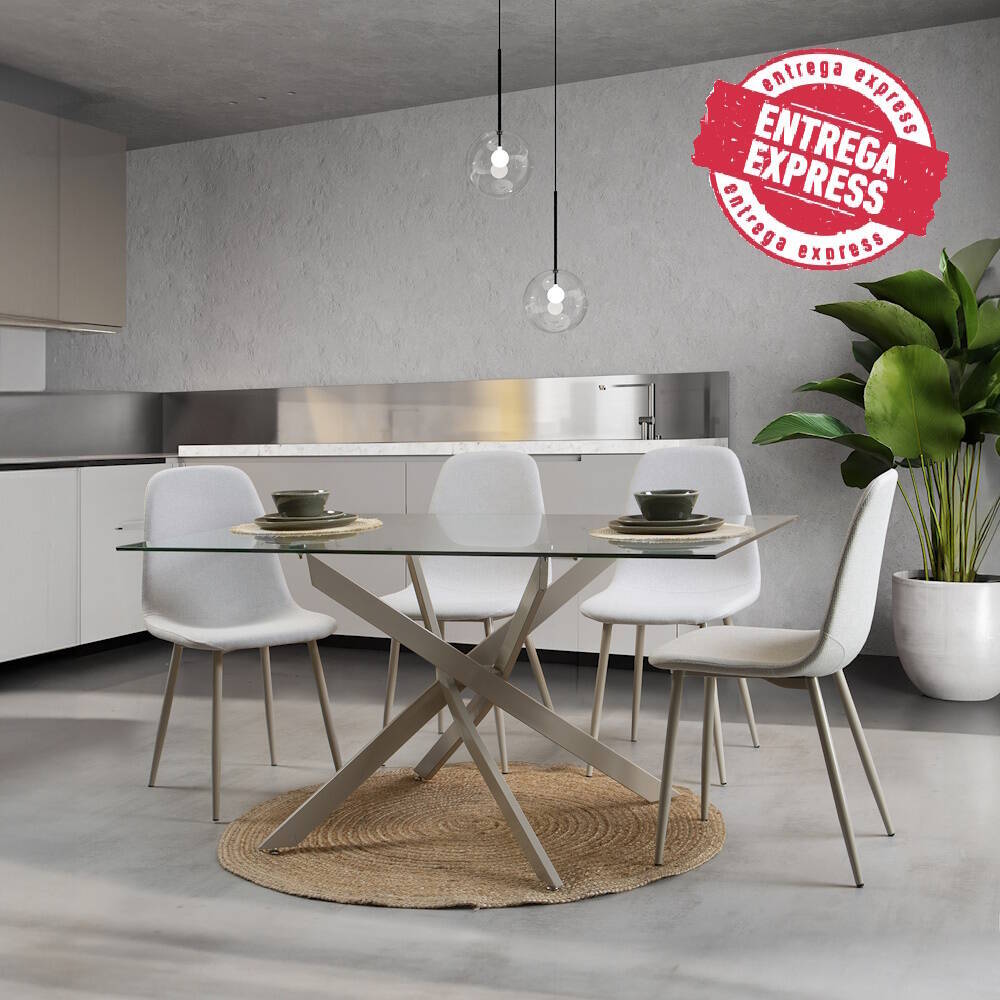 MESA COMEDOR FIJA MOD. ERIKA PATA CREMA - TAPA CRISTAL
