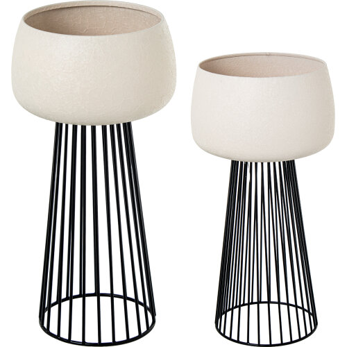 SET 2 MACETEROS C/PIE METAL NERADO/BLANCO HOJAS