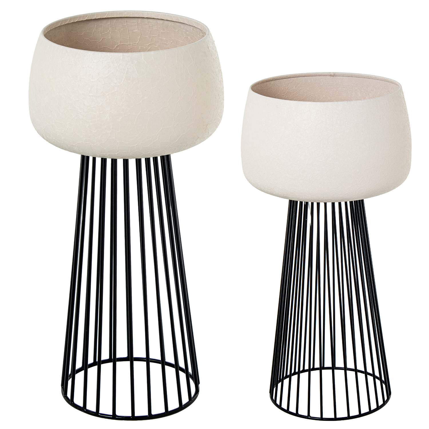 SET 2 MACETEROS C/PIE METAL NERADO/BLANCO HOJAS