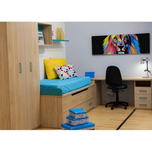 Dormitorio juvenil: cama compacta armario y escritorio canela azul