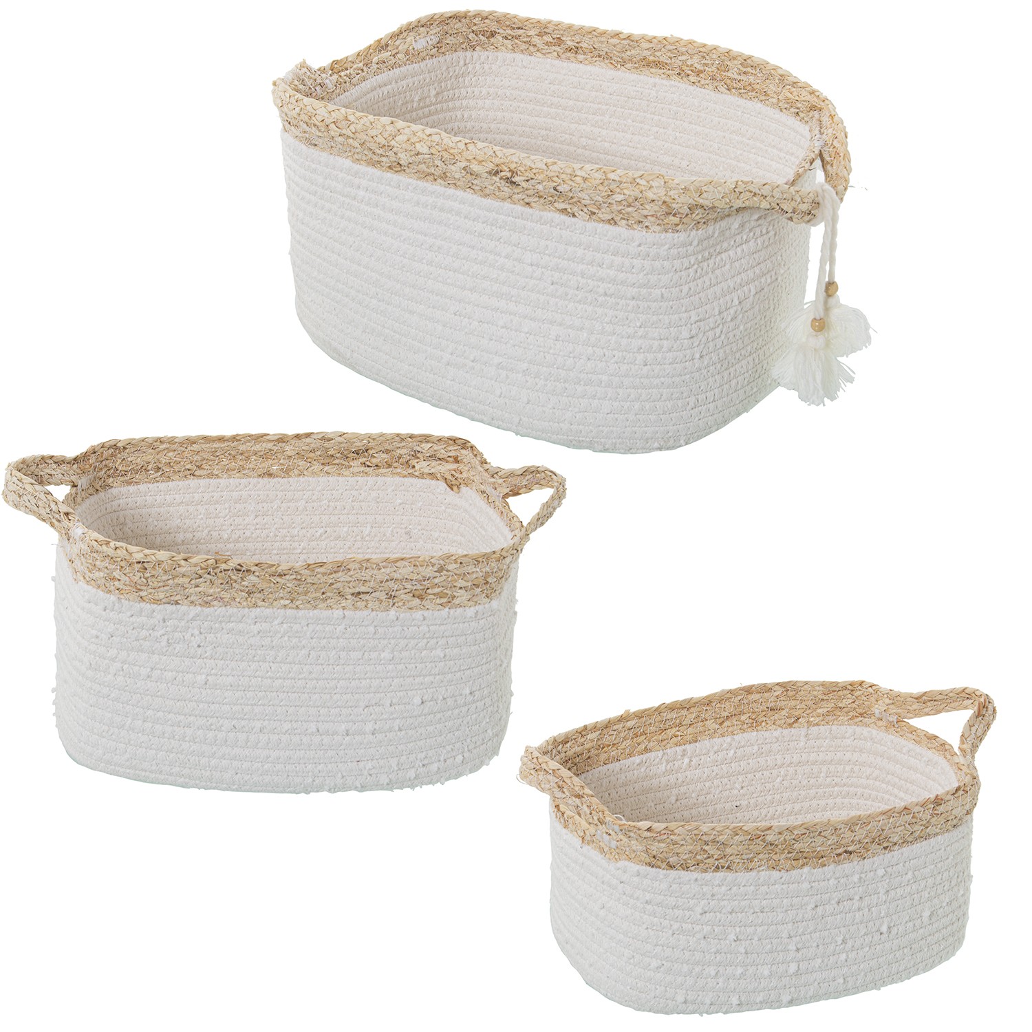 SET 3 CESTOS HOJAS MAÍZ/ALGODÓN NATURAL/BLANCO