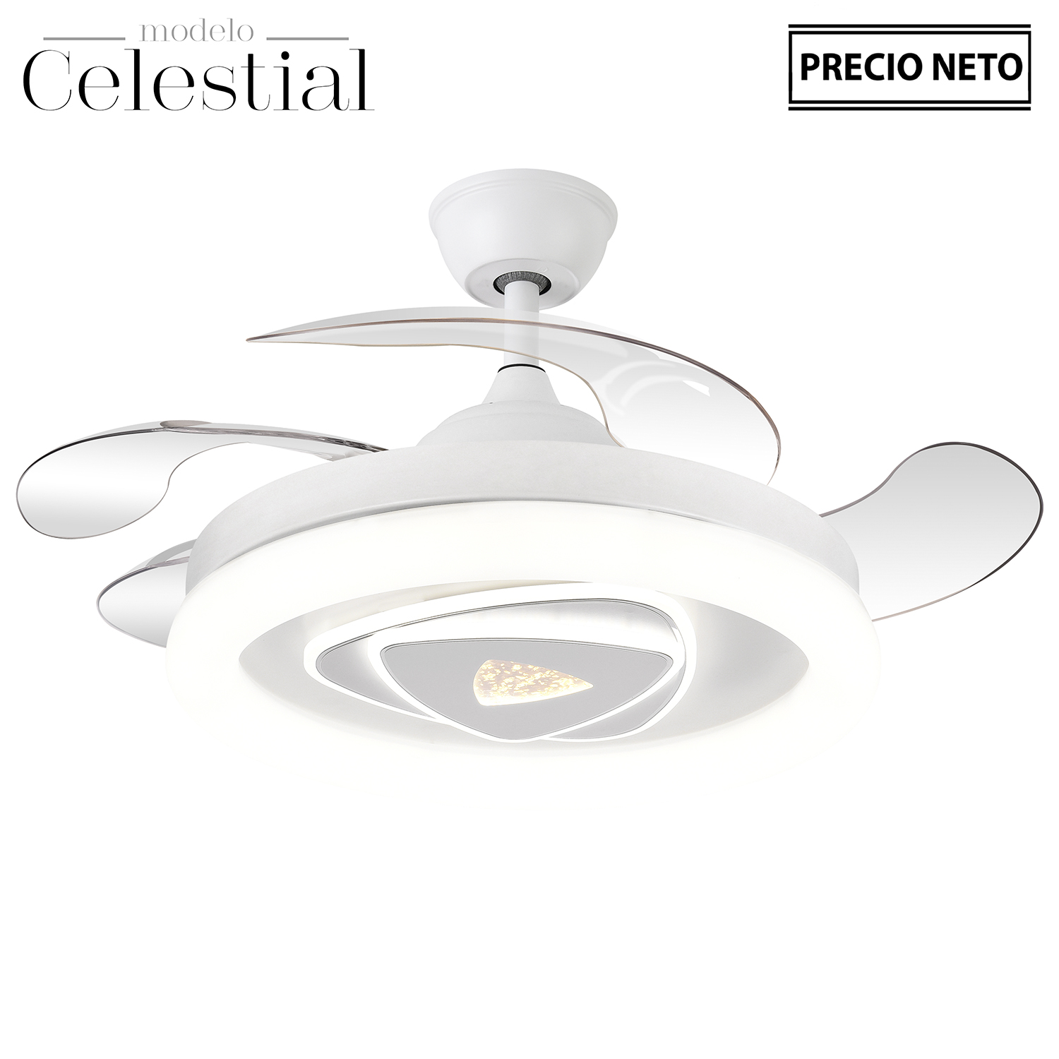 VENTILADOR TECHO C/LUZ CELESTI BLANCO 4 ASPAS RETRÁCTILES